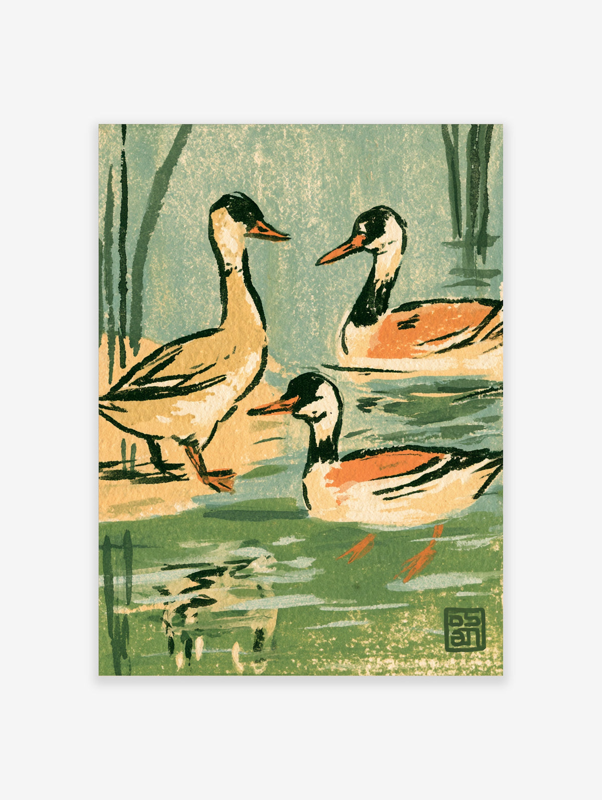 Vintage duck poster with three ducks, green water, reeds, and a Japanese woodblock style