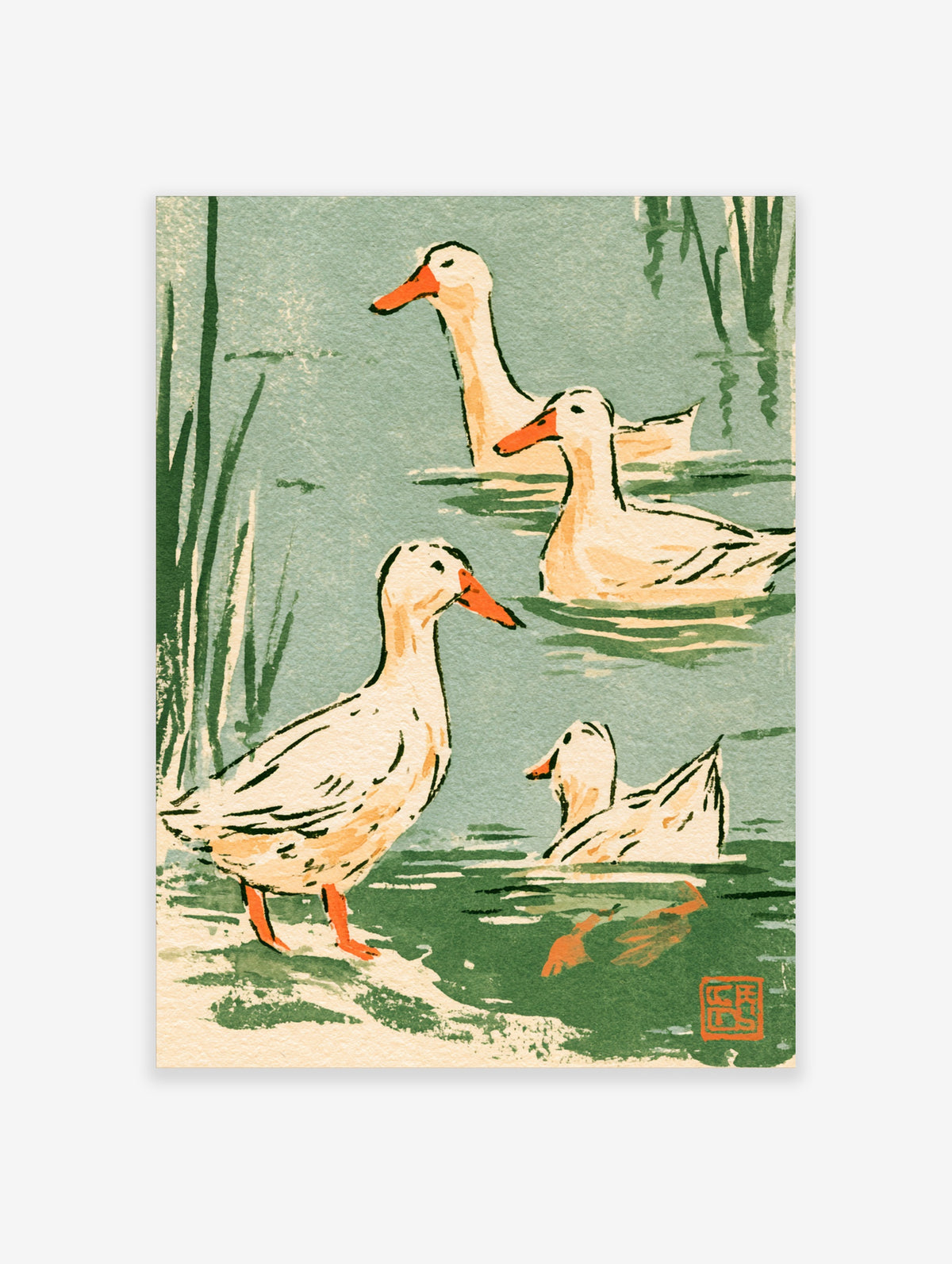 Vintage duck poster with four white ducks on green water, Japanese woodblock style bird art print