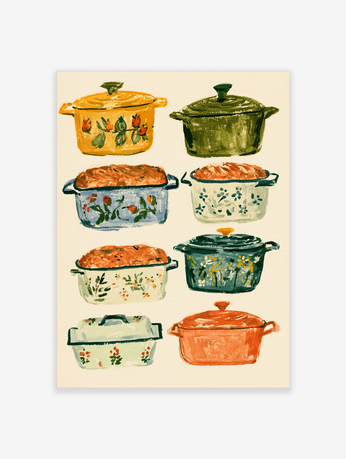 Vintage enamel pot poster with eight colourful casserole dishes and bread loaves on cream background