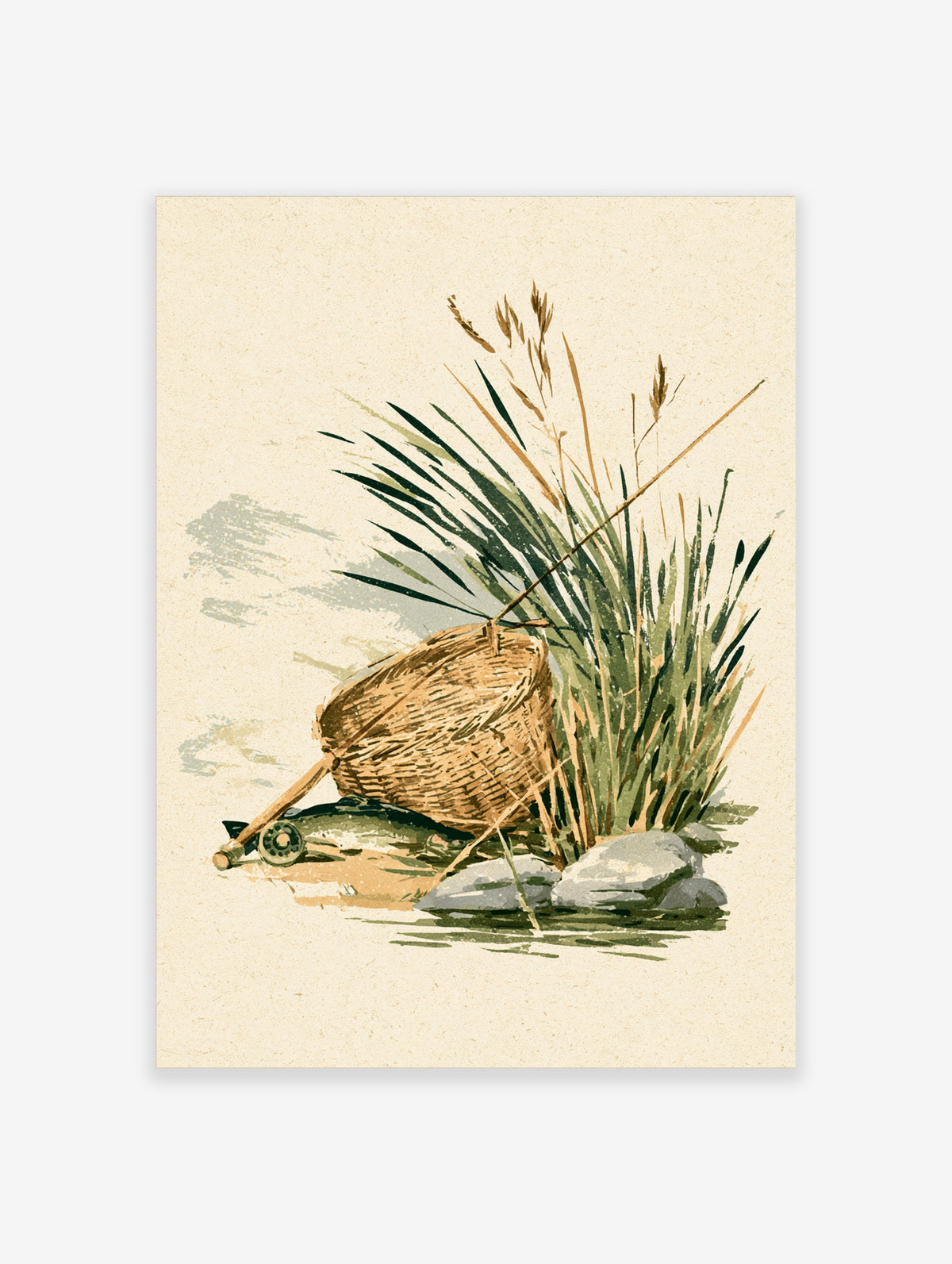 Vintage fishing poster with woven creel, fly rod, trout, reeds, and stones