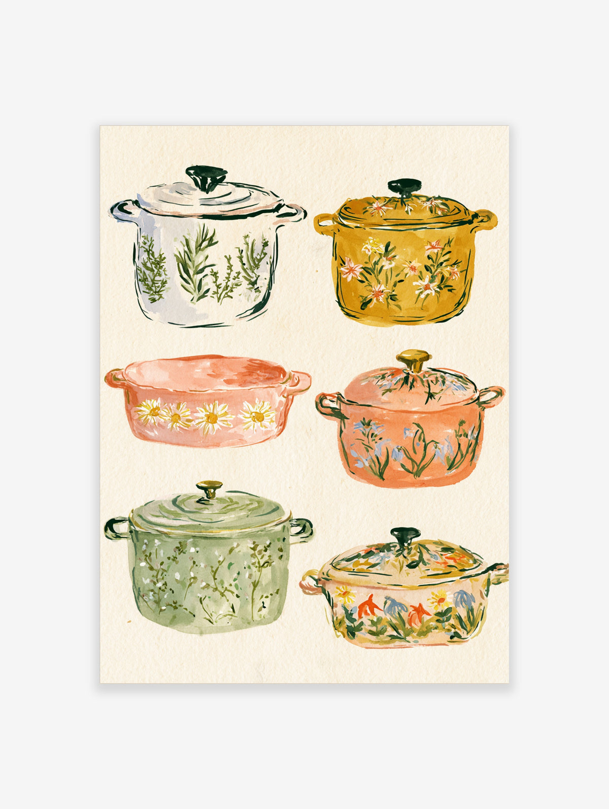 Vintage floral enamel pot poster with six colourful illustrated cookware designs and botanical motifs