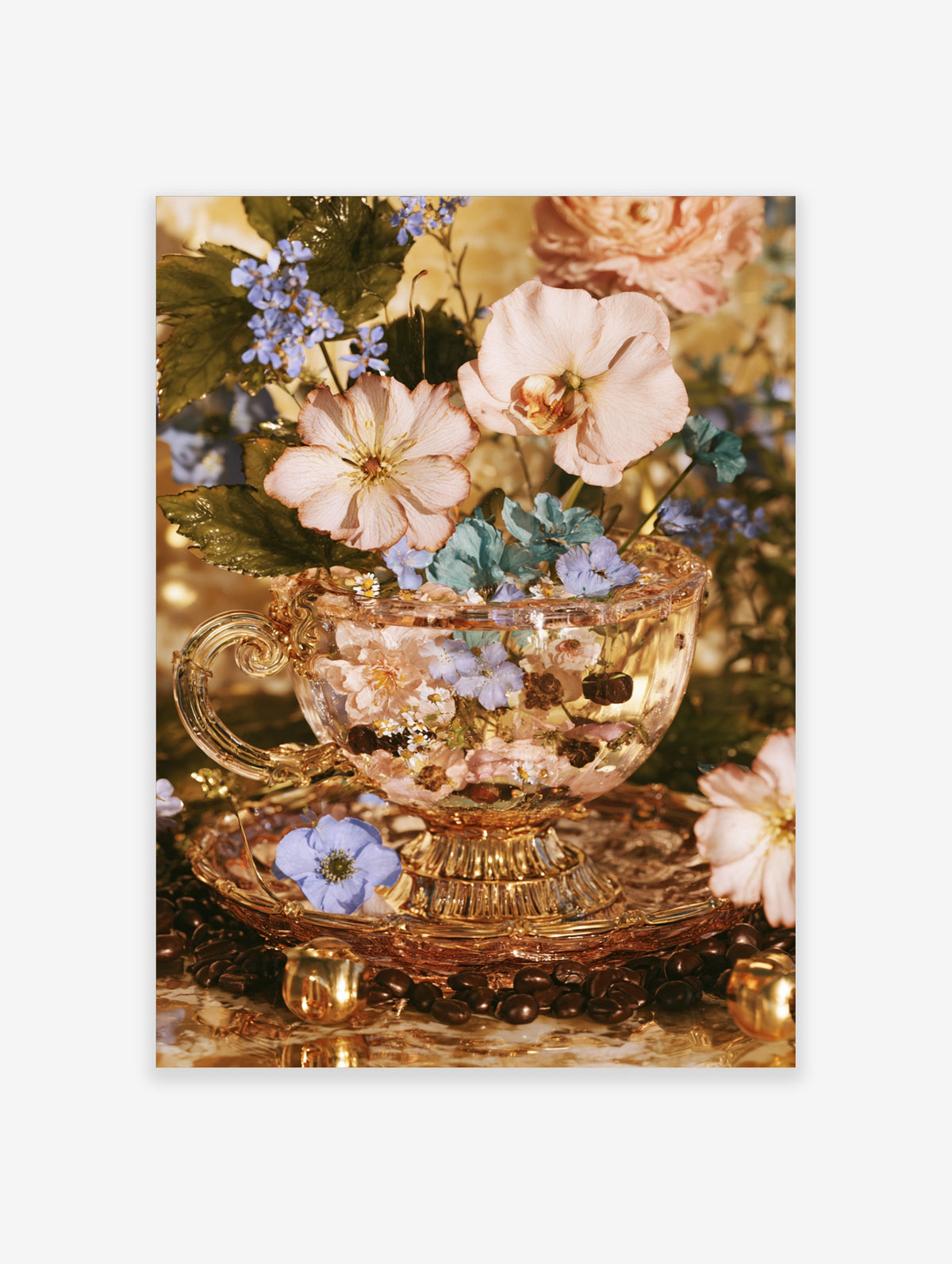 Vintage floral tea cup poster with pink and blue flowers, coffee beans, and gold accents on a glass cup
