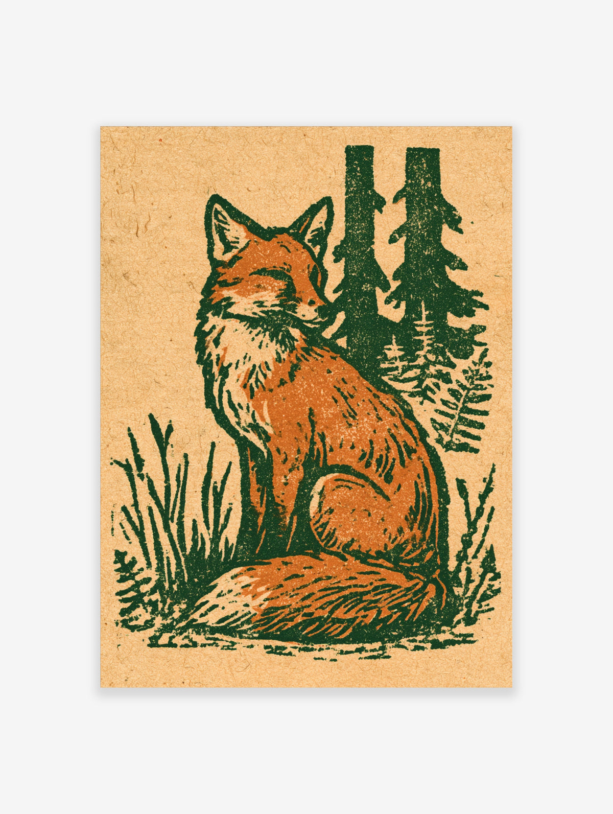 Vintage-style fox poster with sitting red fox, dark green pine trees, and textured woodcut lines