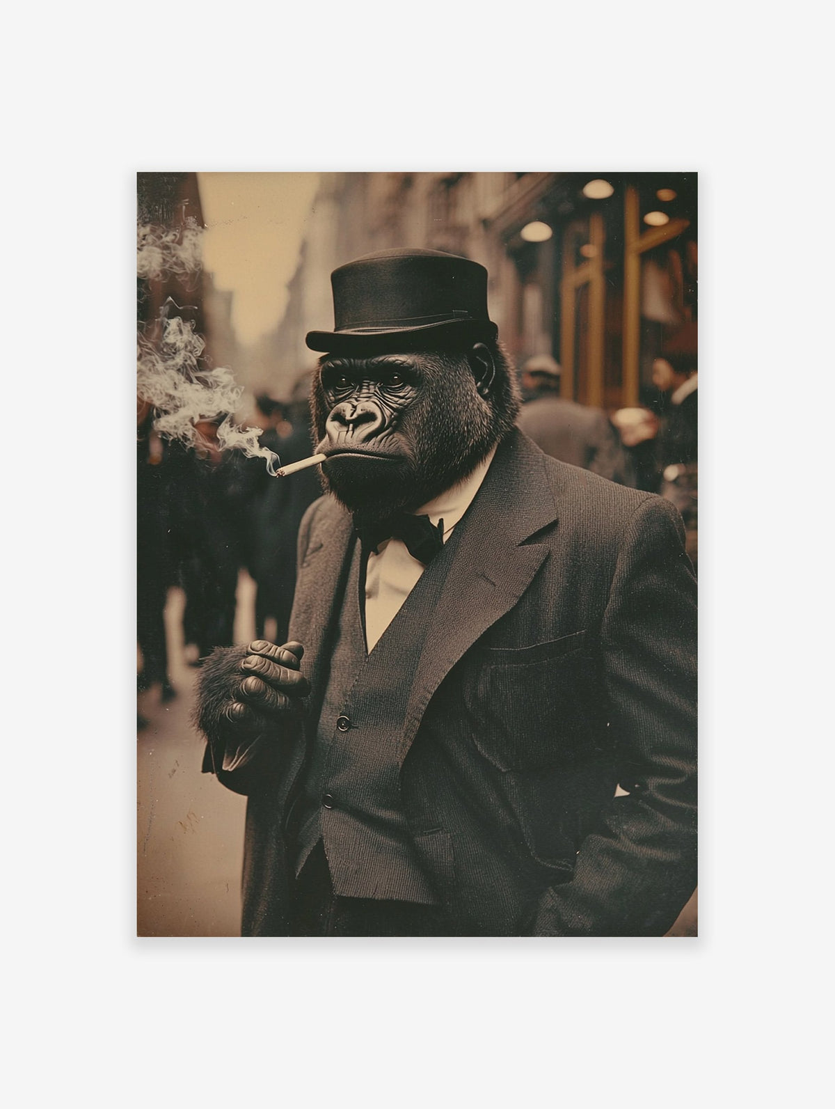 Vintage gorilla poster showing a dapper gorilla in a suit and top hat, smoking a cigarette, with a blurred street background.