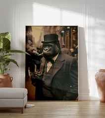 Vintage gorilla poster showing a dapper gorilla in a suit and top hat, smoking a cigarette, with a blurred street background. - Image 3