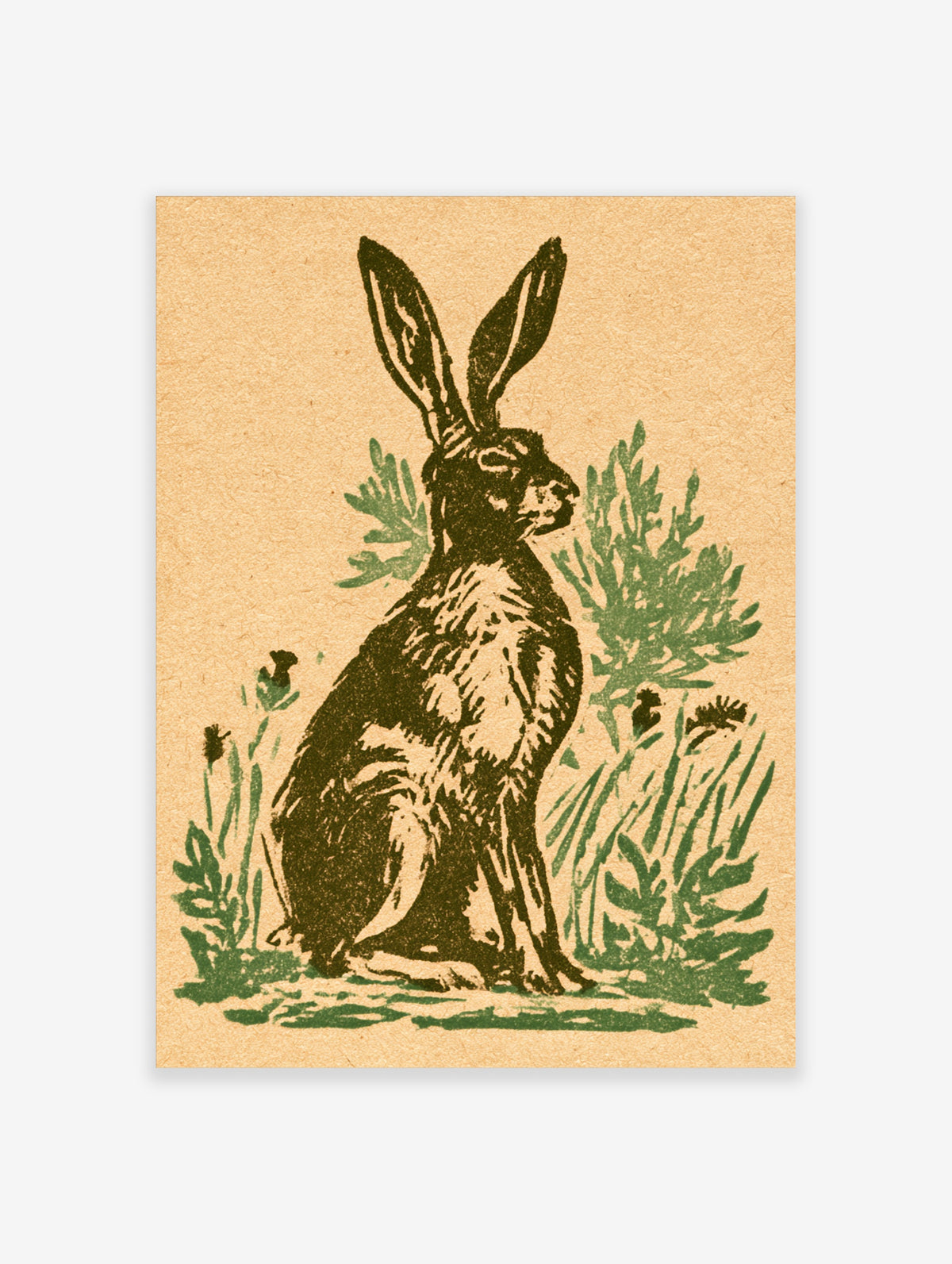 Vintage-style hare sitting among green grass and foliage on a beige background, animal art print
