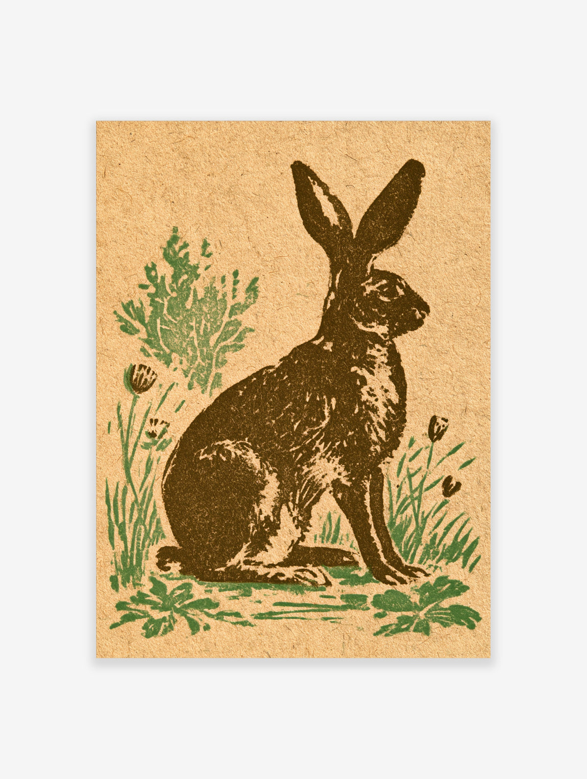 Vintage woodcut hare poster with green foliage and tulips on tan paper