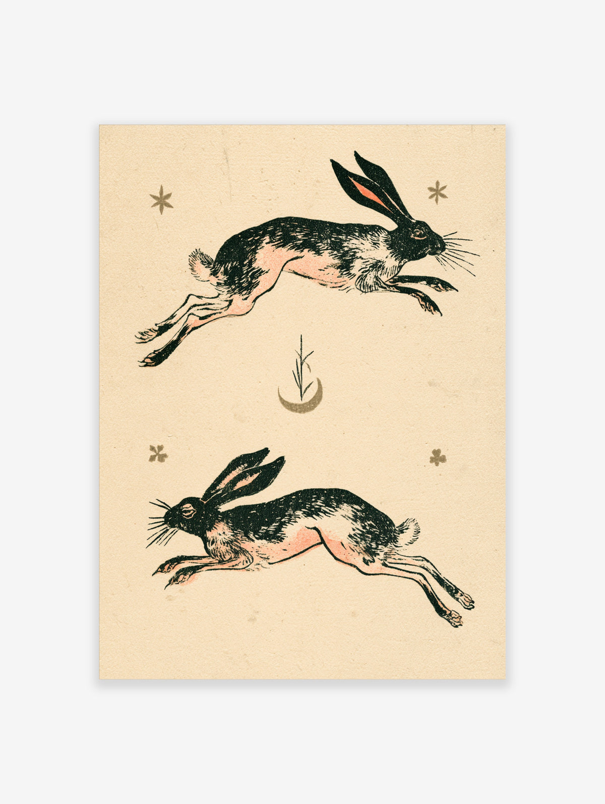 Vintage-style illustration of two running hares in black ink with peach shading on beige background