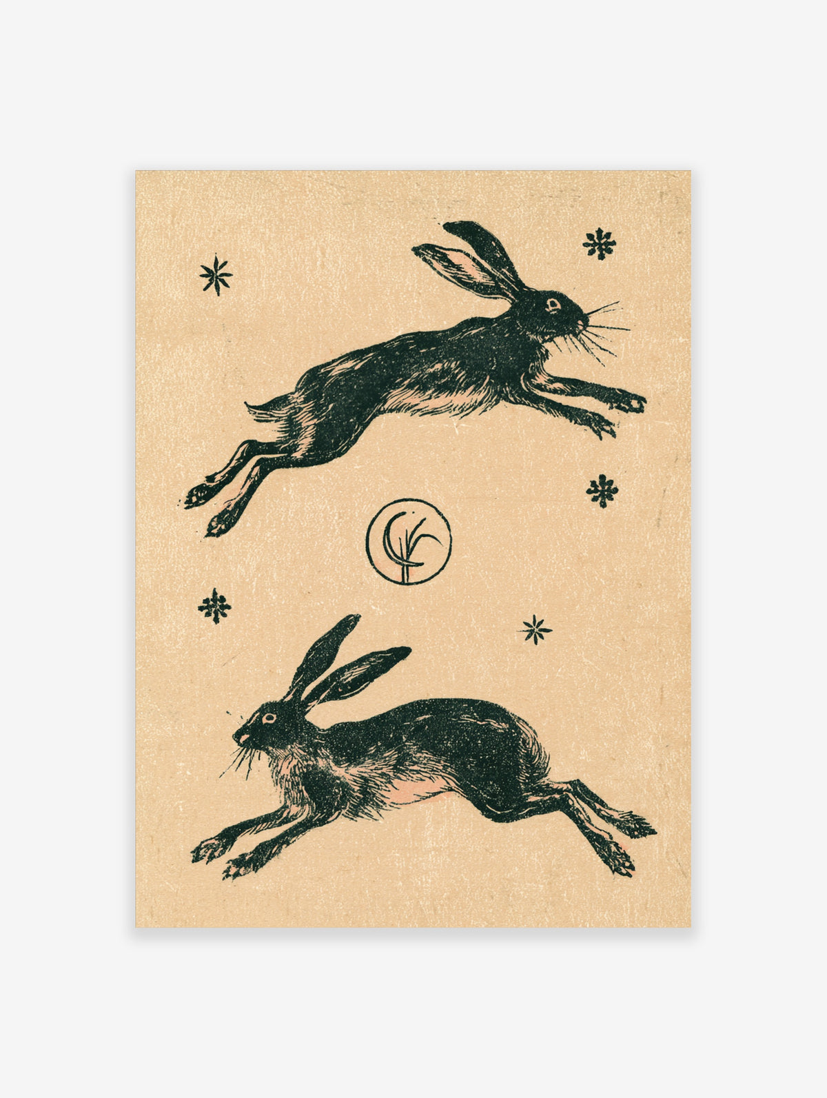 Vintage-style hare wall art print with two running rabbits, star motifs, and a circular emblem on beige background