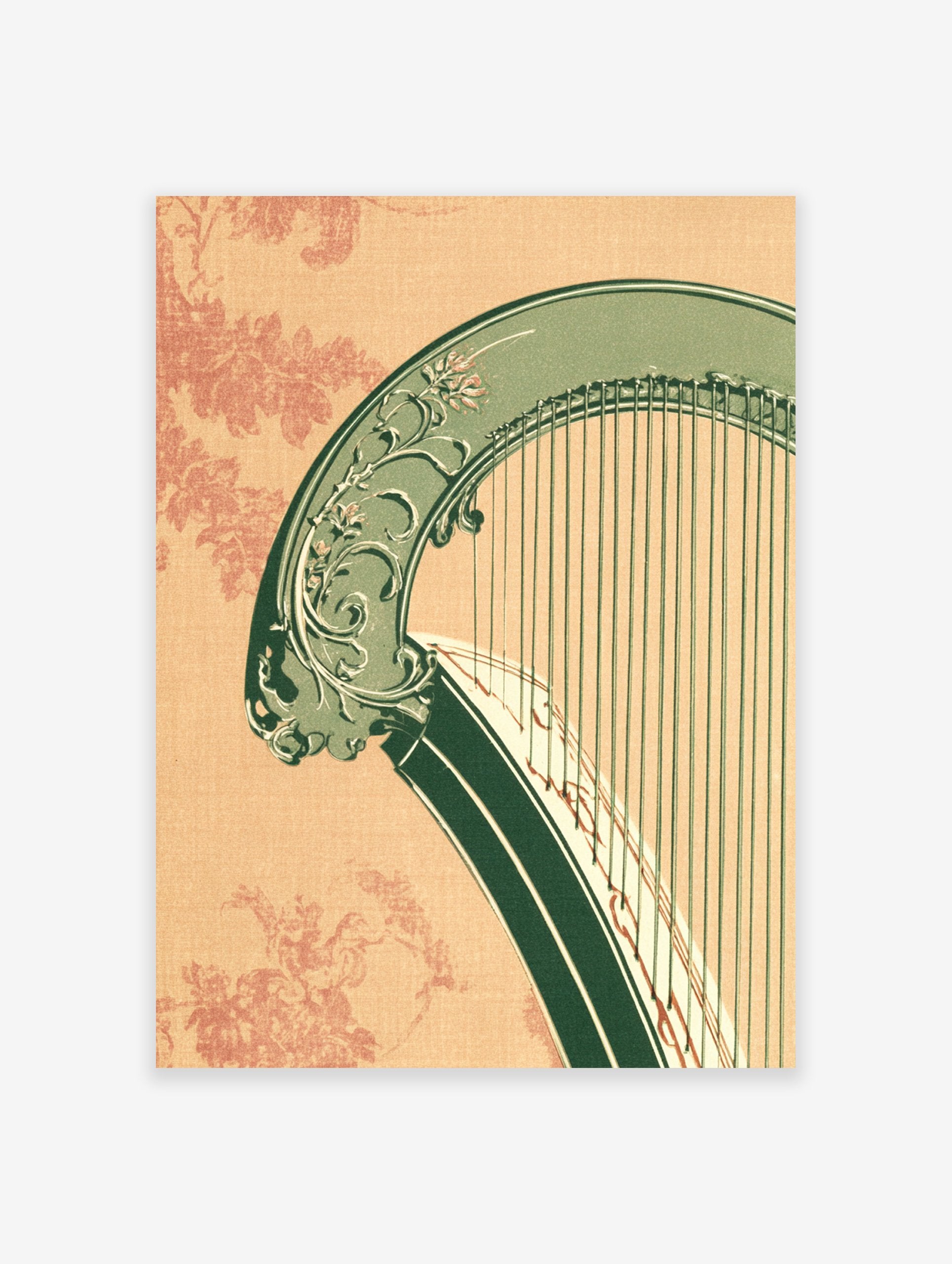 Vintage green harp musical instrument illustration with floral details on a peach patterned background
