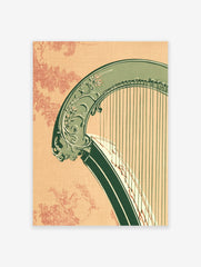 Vintage green harp musical instrument illustration with floral details on a peach patterned background