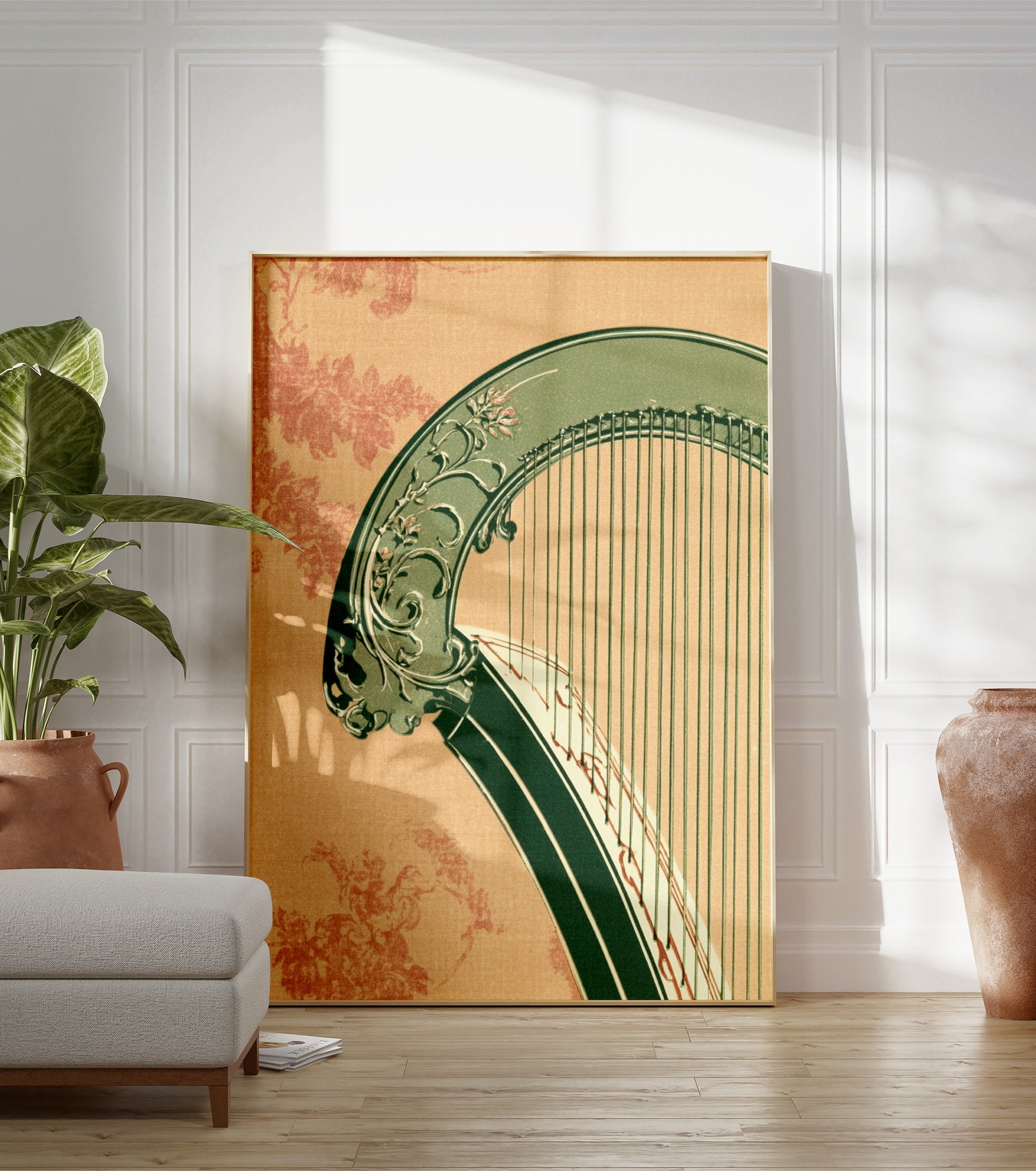 Vintage green harp musical instrument illustration with floral details on a peach patterned background - Image 3