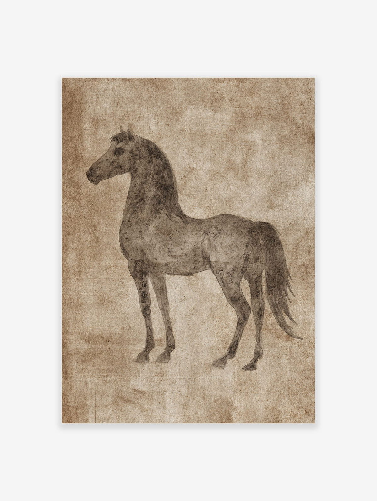 Sepia sketch of a horse standing in profile on a textured beige background, vintage illustrative style