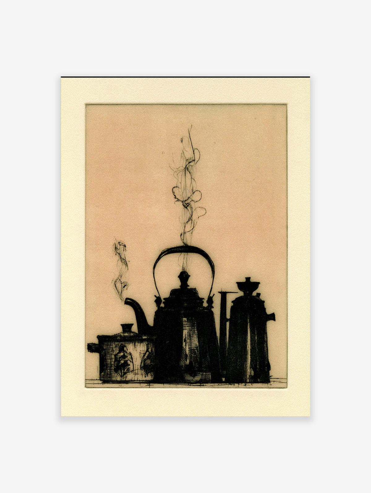 Black silhouette of vintage kettle, pan and coffee pot with steam on beige background art print
