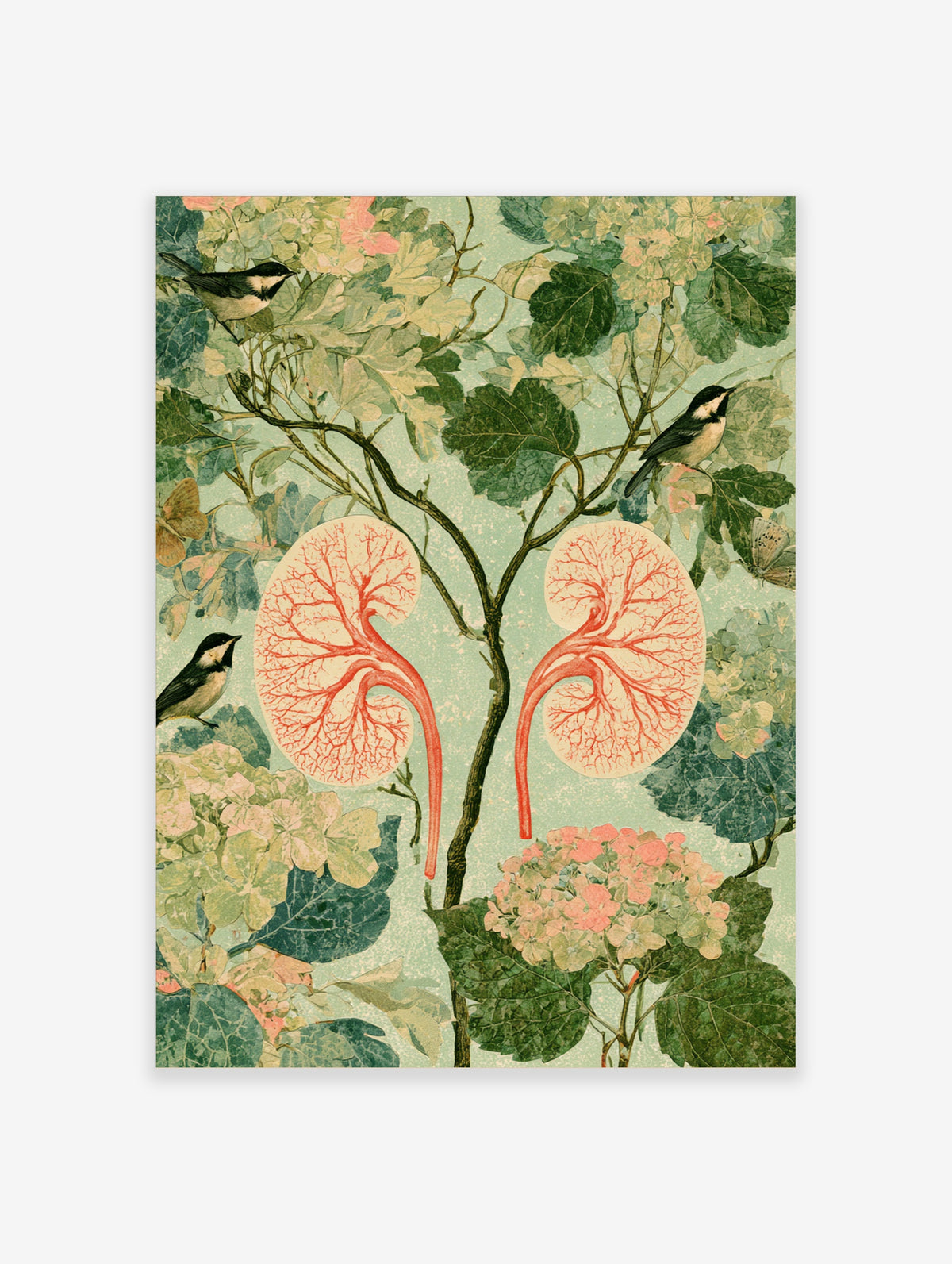 Vintage kidney anatomy poster with red arteries, green botanical leaves and small birds