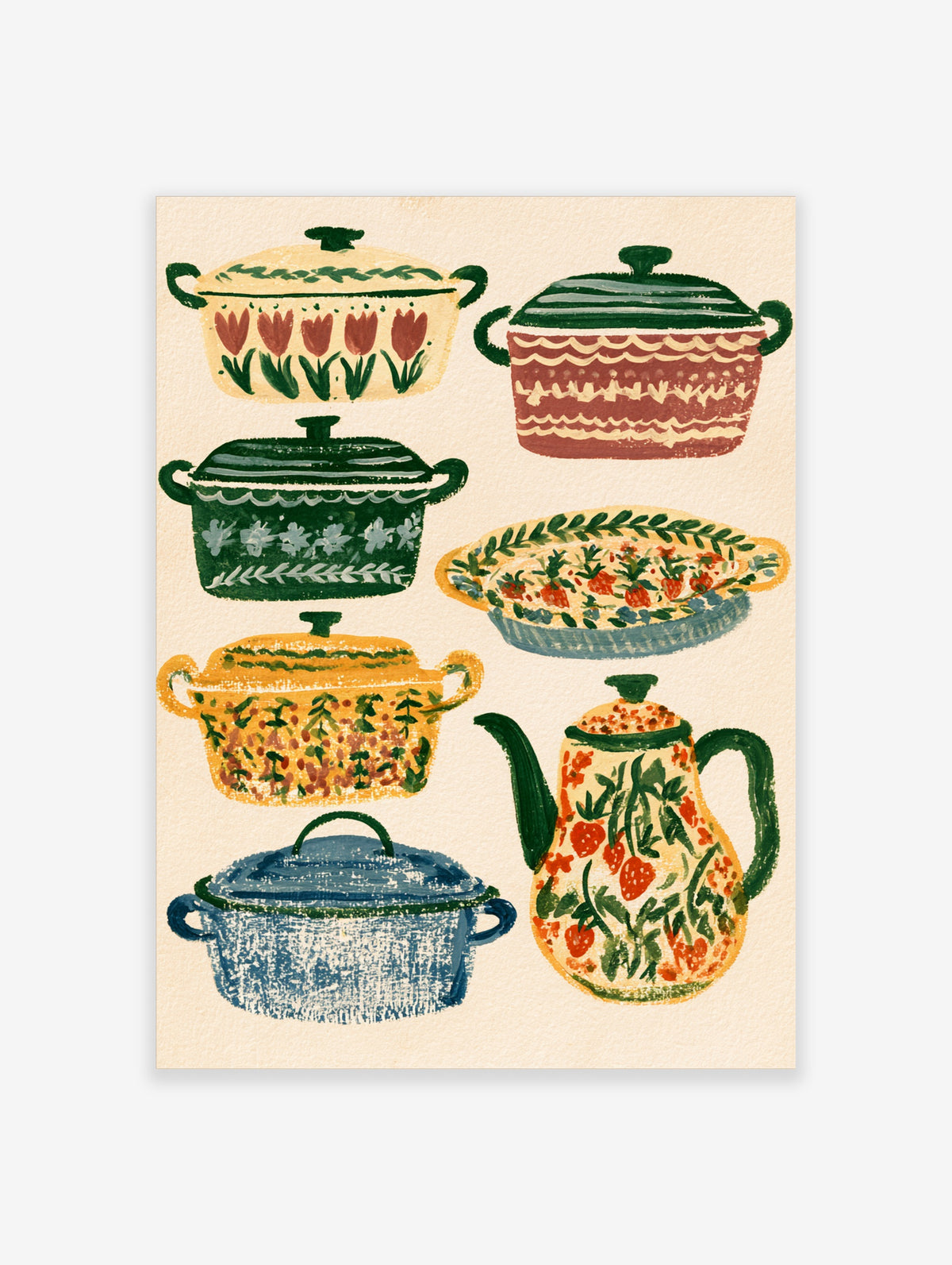 Vintage kitchen poster with floral cookware, pie dish, and strawberry teapot on cream background