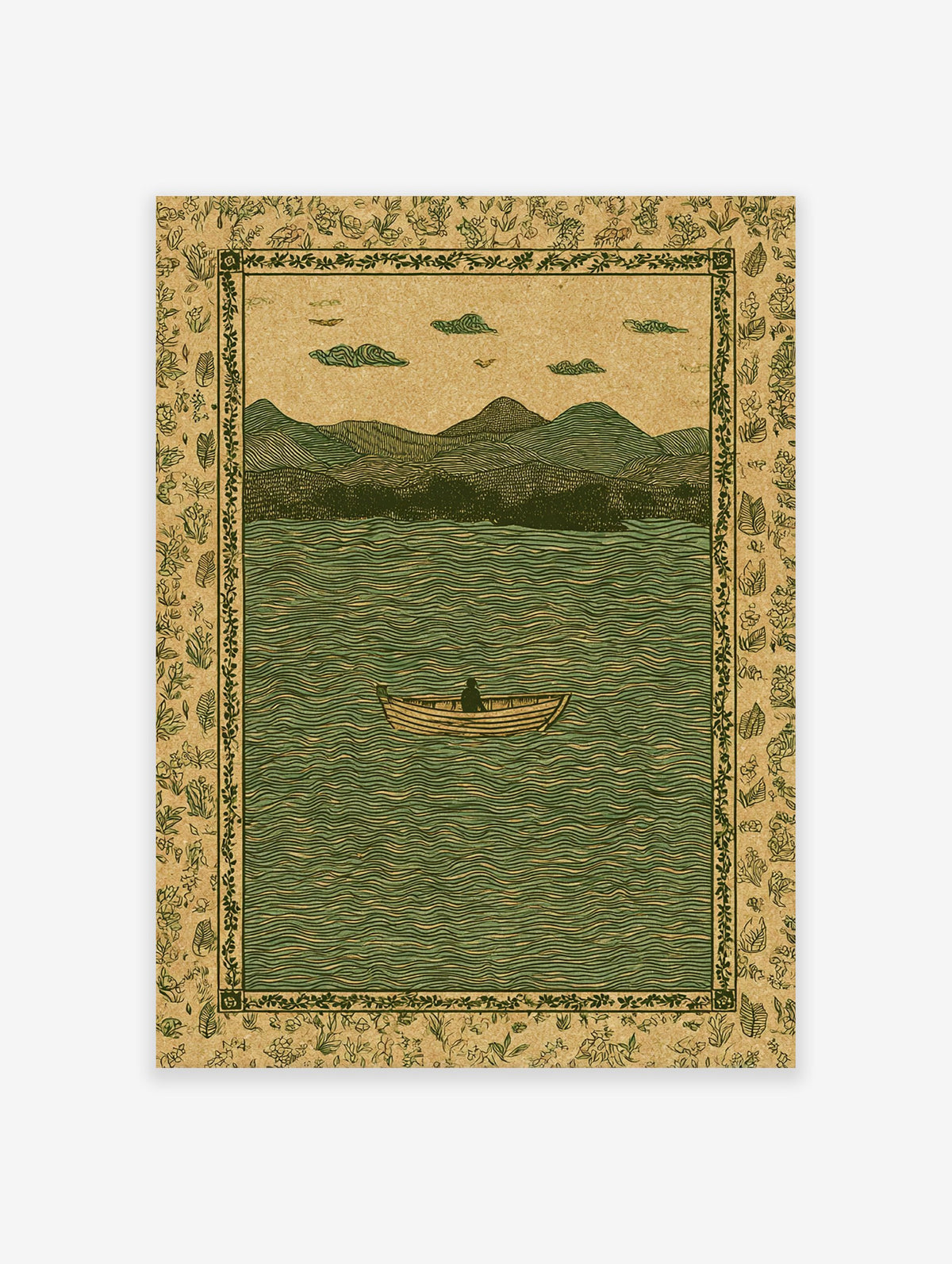 Vintage lake landscape illustration with a person in a boat, mountains, and a botanical border in green and brown.