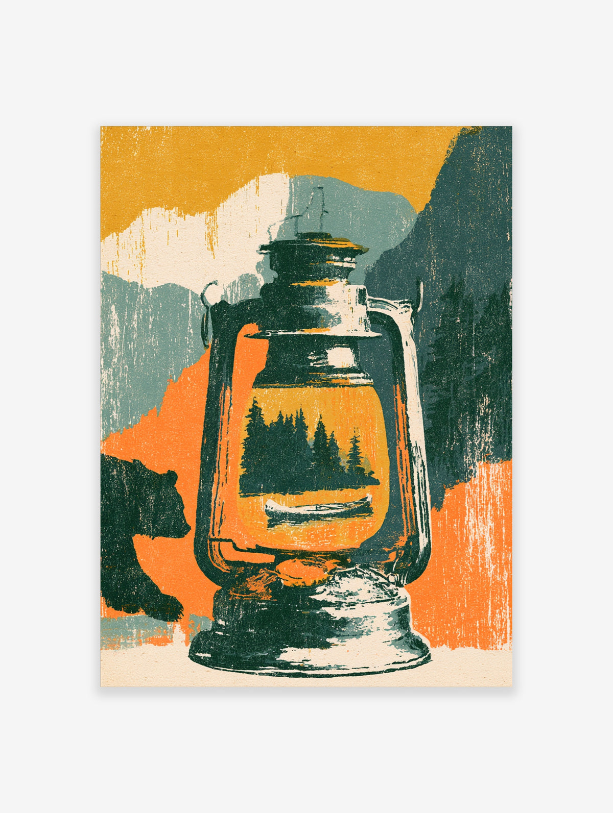 Retro camping poster of a lantern with forest and canoe inside, bear silhouette and orange mountains