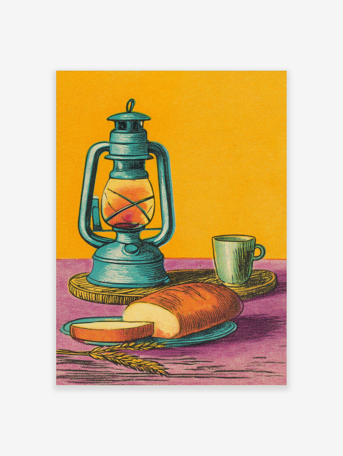 Vintage lantern still life poster with bread, wheat, and green mug on purple and yellow background