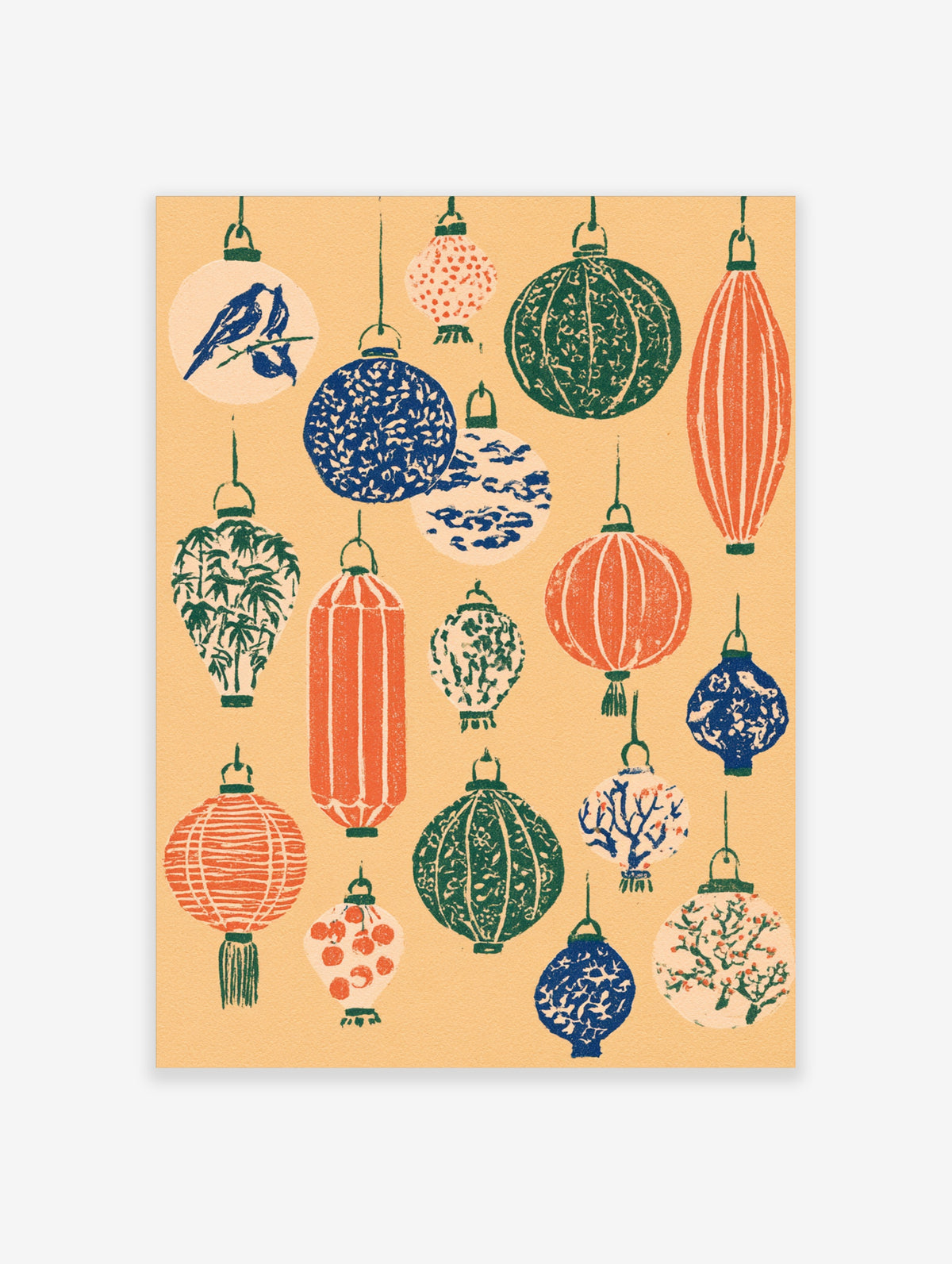 Vintage paper lanterns with bird, bamboo and blossom motifs in blue, green and orange on beige background