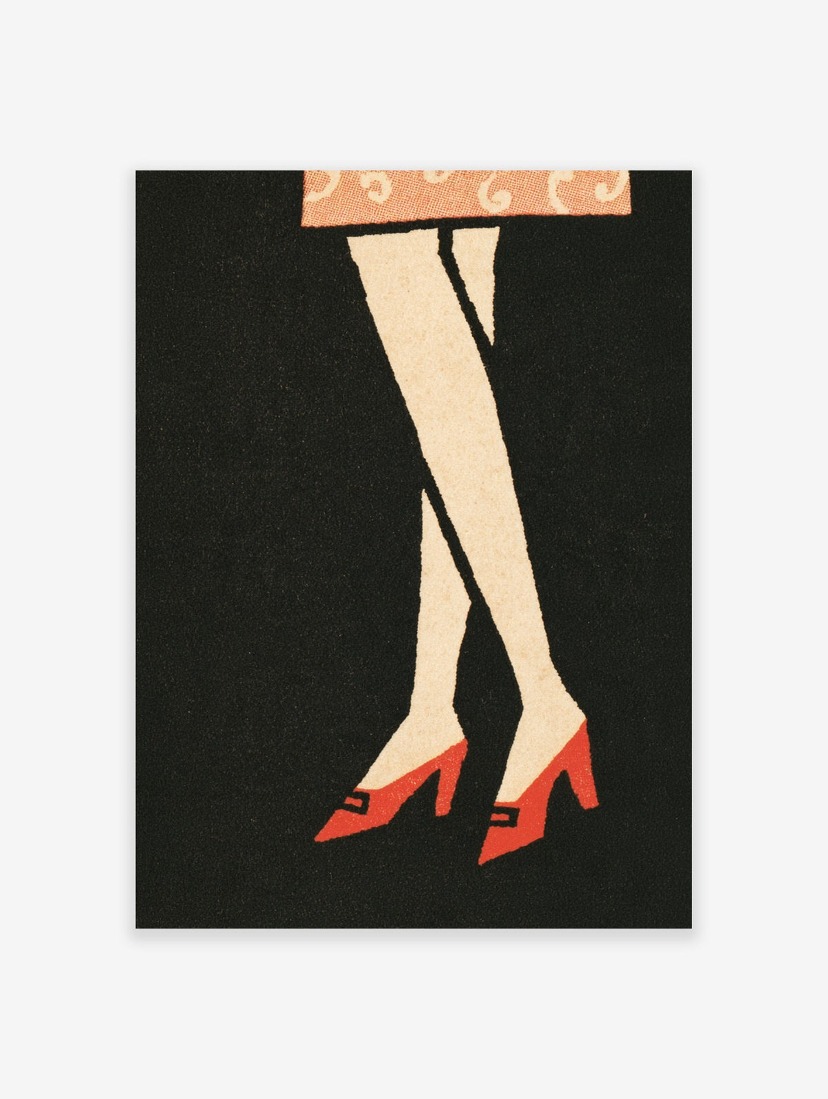 Vintage legs illustration with red high heels and patterned hem on a black background