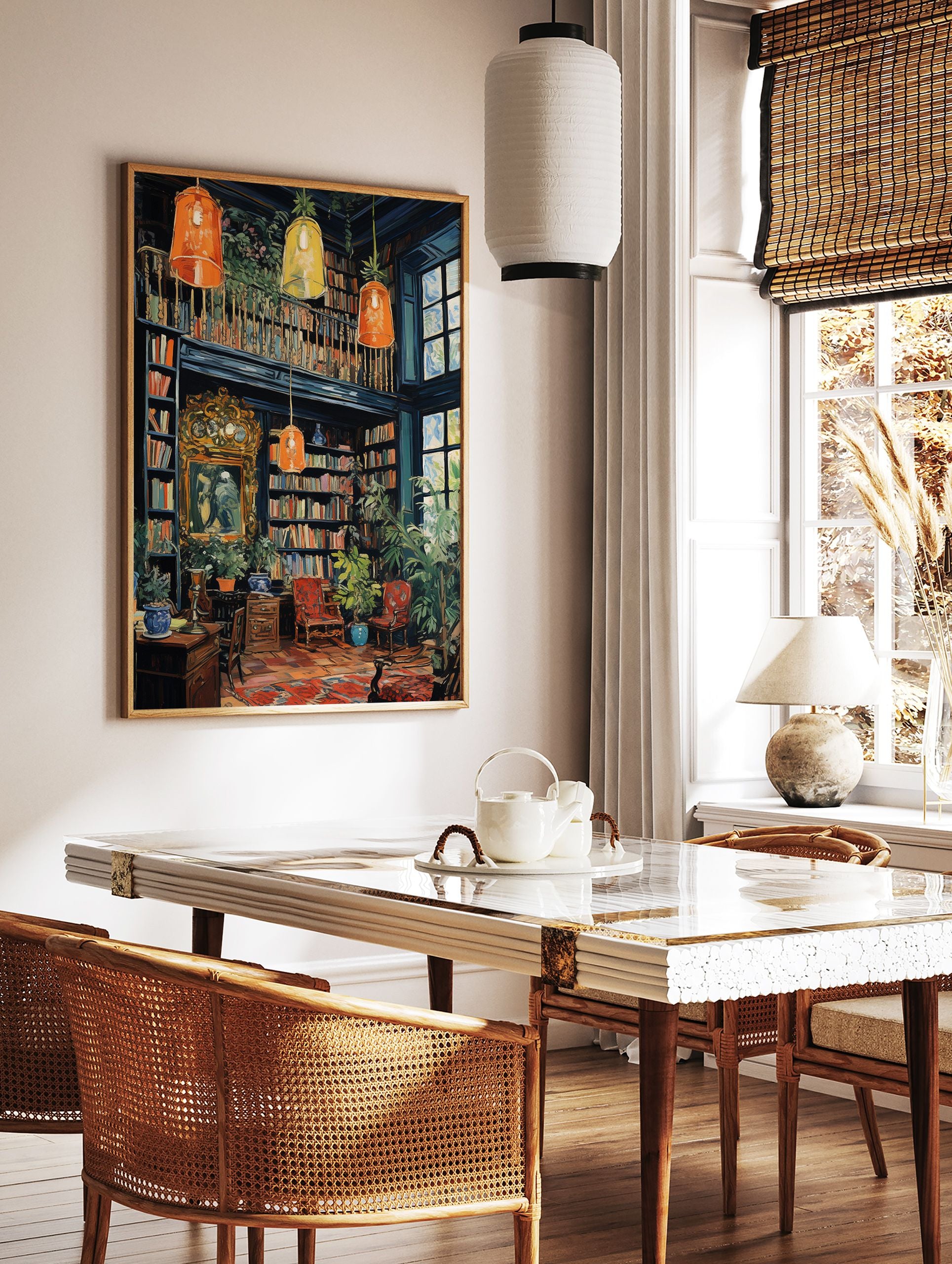 Vintage library poster with bookshelves, plants, windows, and hanging lamps in a cozy, detailed interior illustration. - Image 2