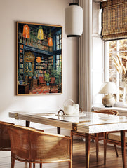 Vintage library poster with bookshelves, plants, windows, and hanging lamps in a cozy, detailed interior illustration. - Image 2