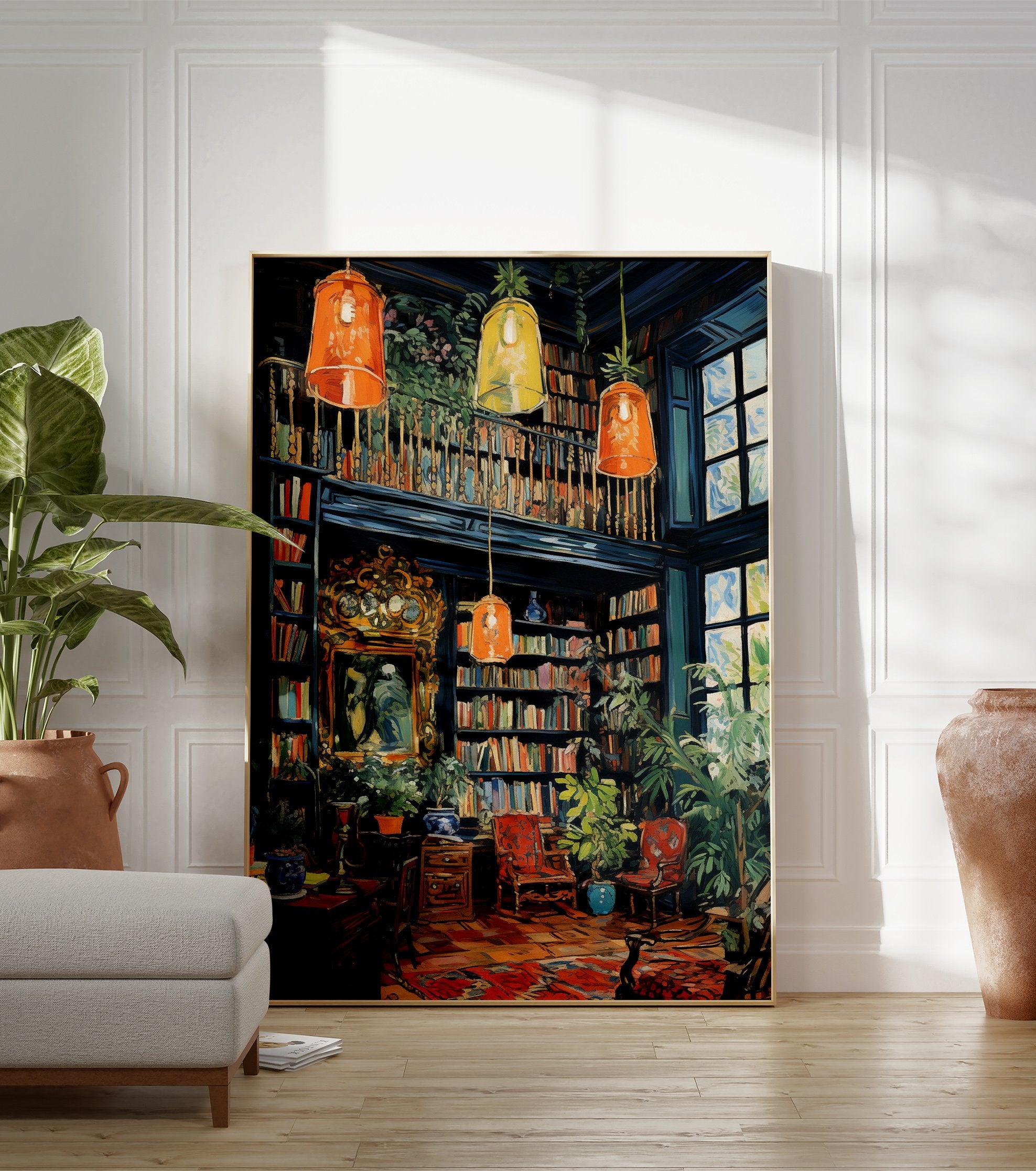 Vintage library poster with bookshelves, plants, windows, and hanging lamps in a cozy, detailed interior illustration. - Image 3