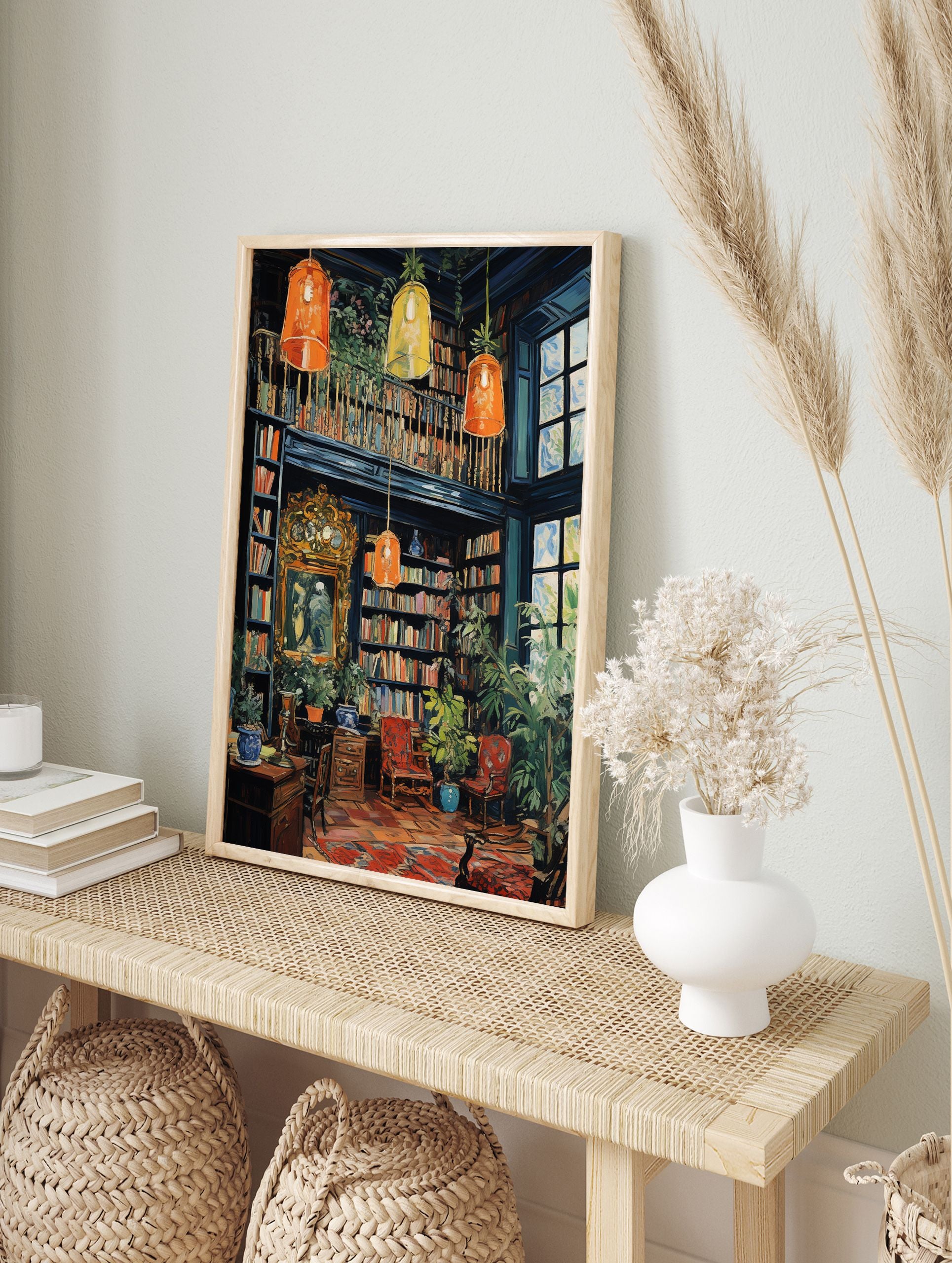 Vintage library poster with bookshelves, plants, windows, and hanging lamps in a cozy, detailed interior illustration. - Image 4