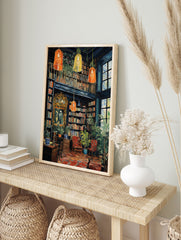 Vintage library poster with bookshelves, plants, windows, and hanging lamps in a cozy, detailed interior illustration. - Image 4