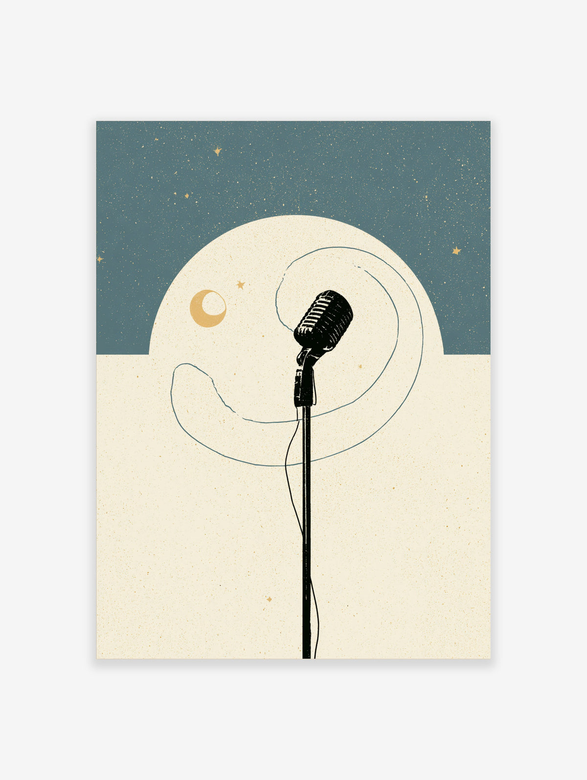 Vintage microphone poster with retro radio mic, crescent moon, and starry teal sky