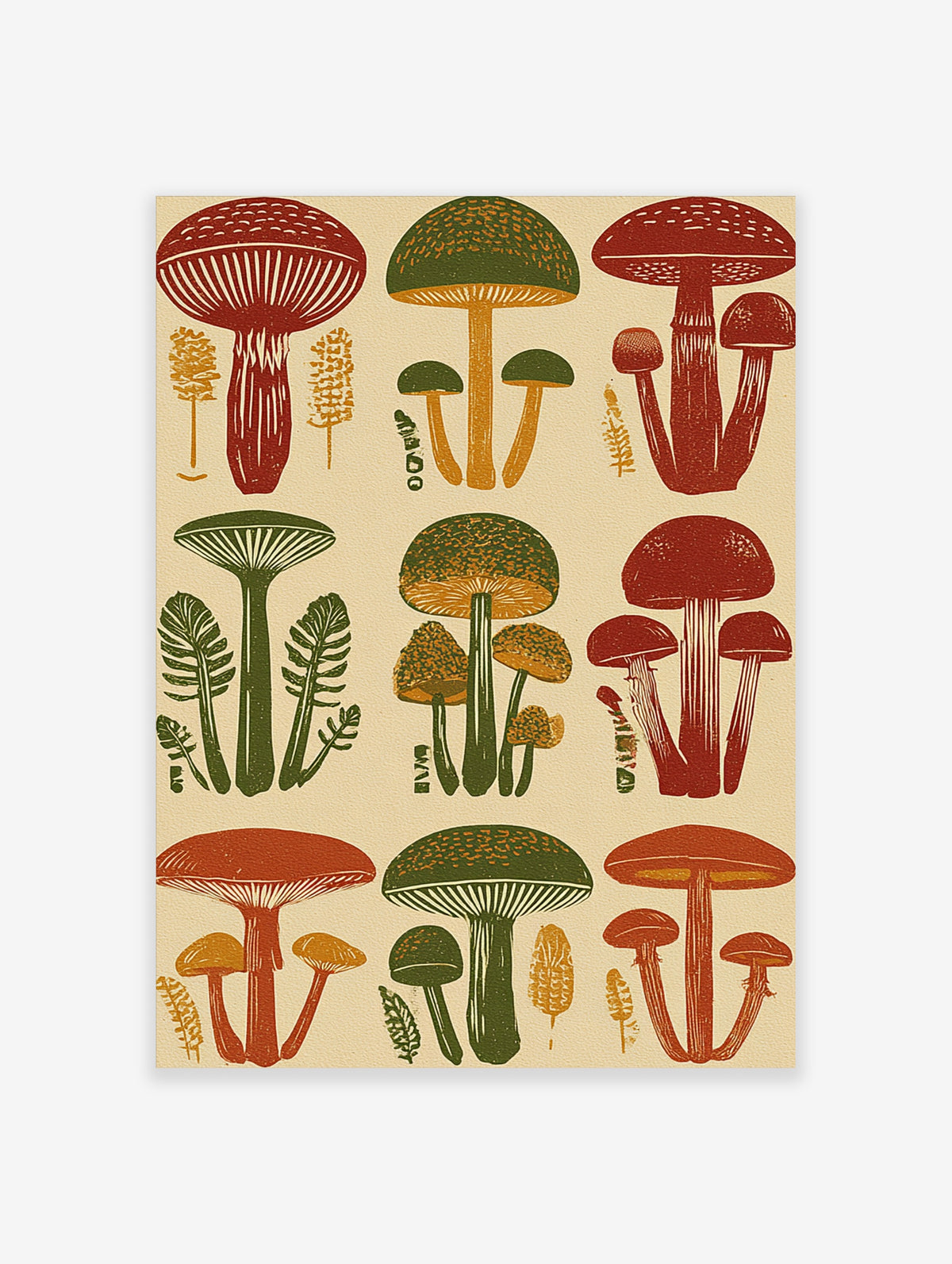 Vintage mushroom art print with red and green fungi, ferns, and botanical details on beige background