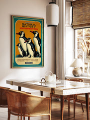 Vintage Natural History Museum poster featuring four illustrated penguins with orange background and teal border - Image 2