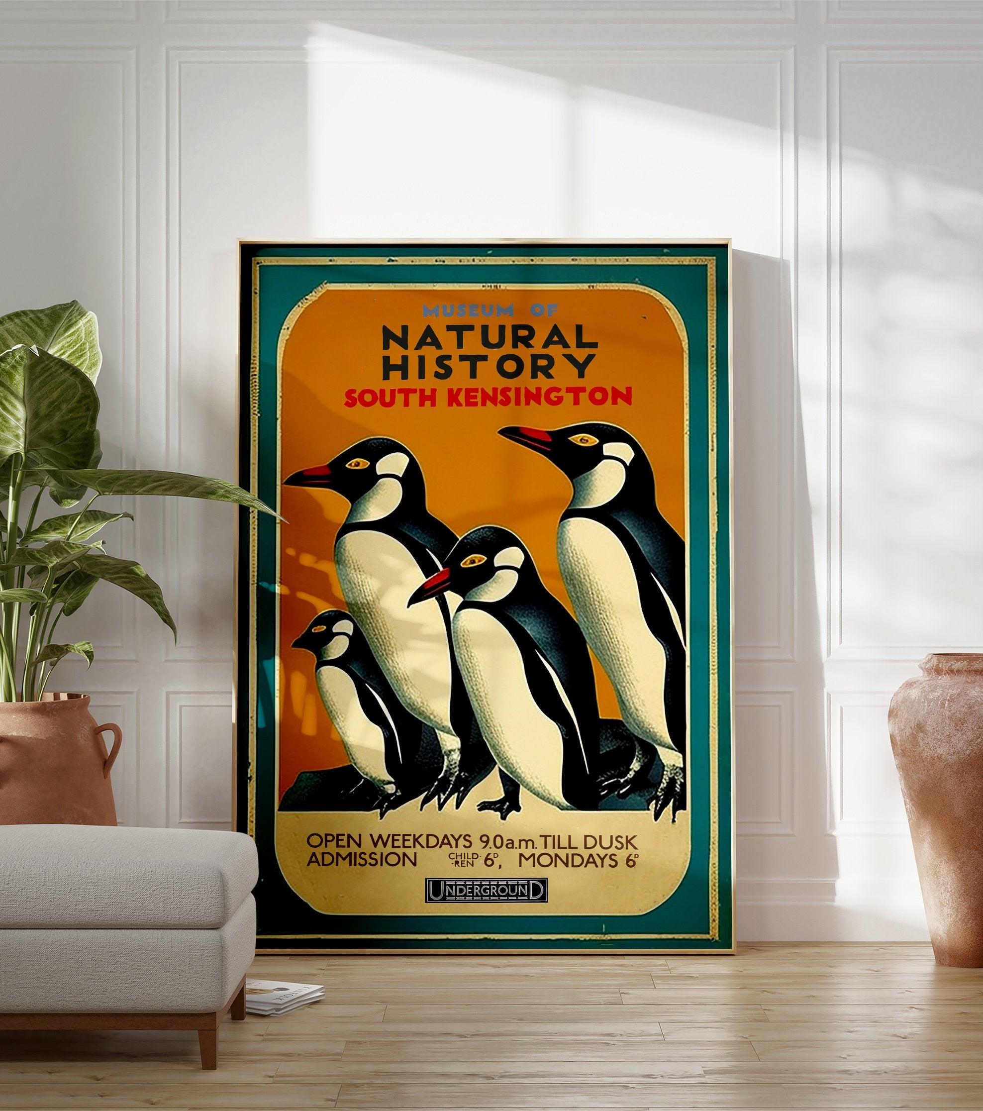 Vintage Natural History Museum poster featuring four illustrated penguins with orange background and teal border - Image 3