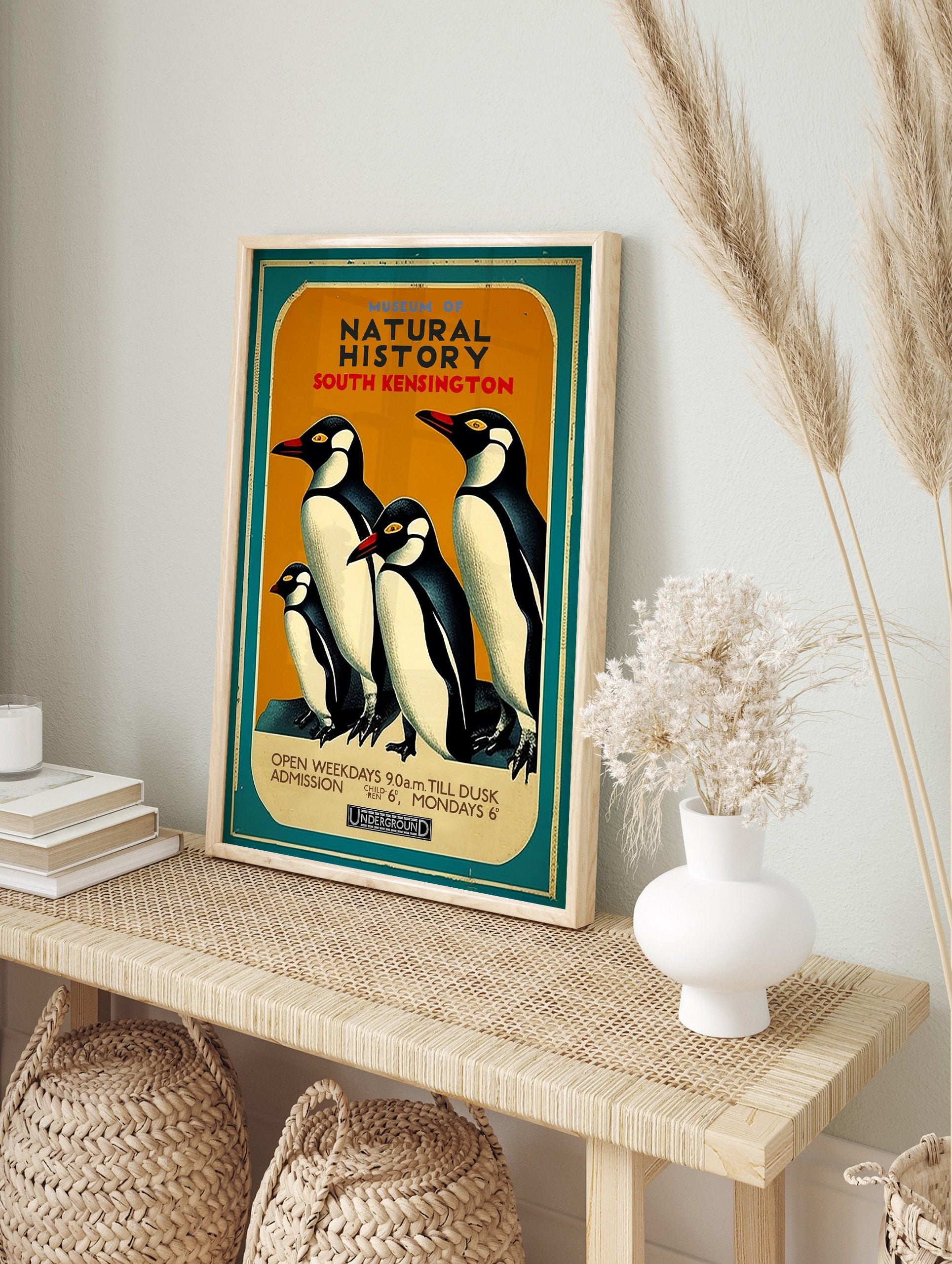 Vintage Natural History Museum poster featuring four illustrated penguins with orange background and teal border - Image 4
