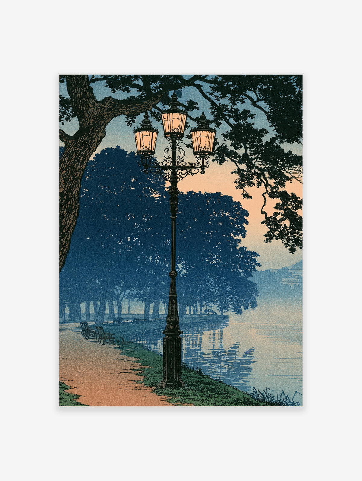 Vintage park lamp poster with ornate triple lantern, tree silhouettes, and twilight blue and orange sky