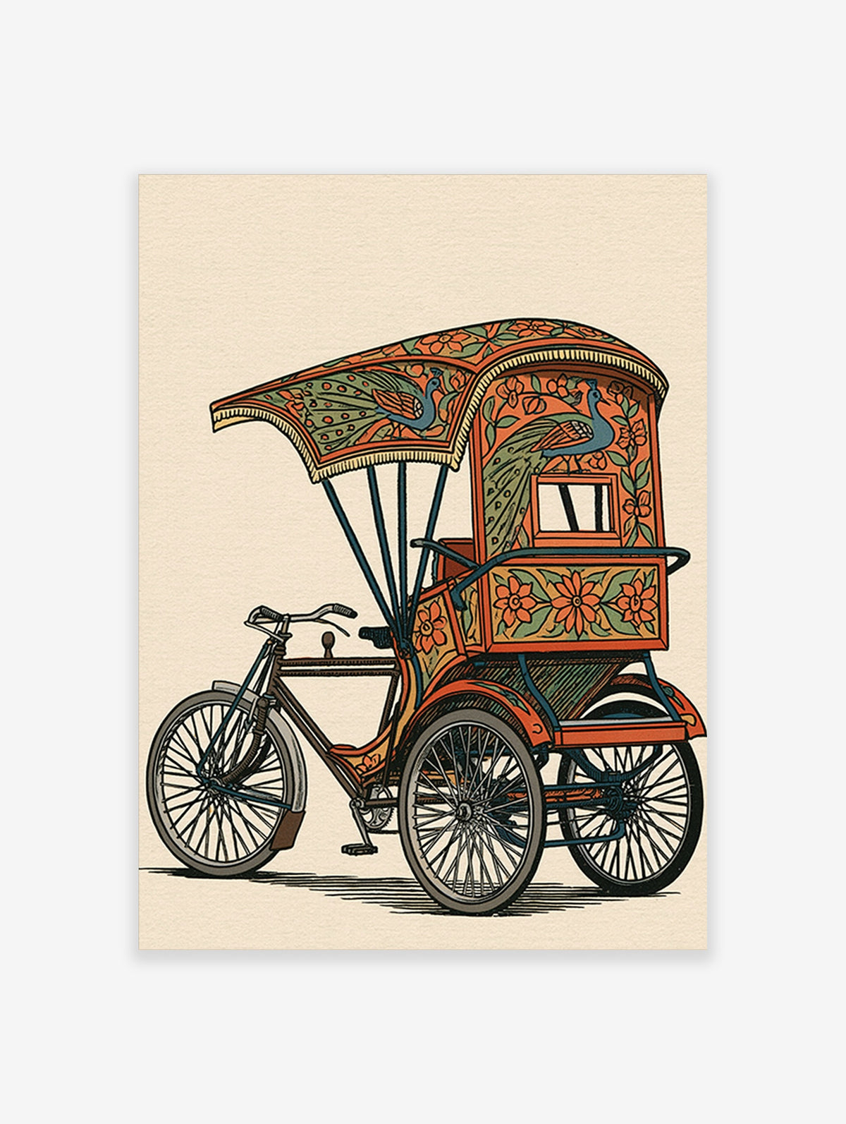 Vintage cycle rickshaw illustration with peacock and floral patterns on a cream background