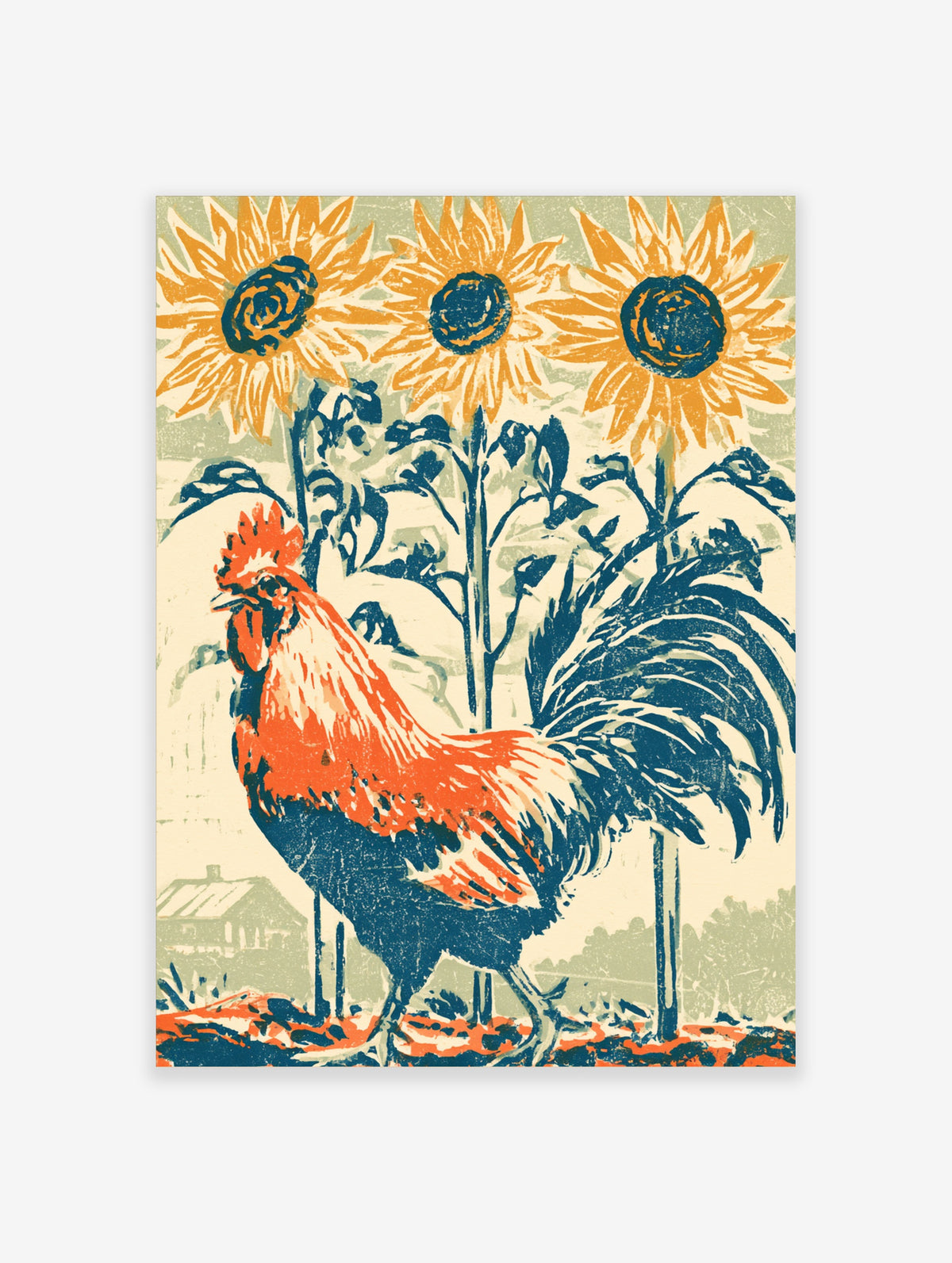 Vintage-style rooster and sunflowers art print with orange, teal and cream tones
