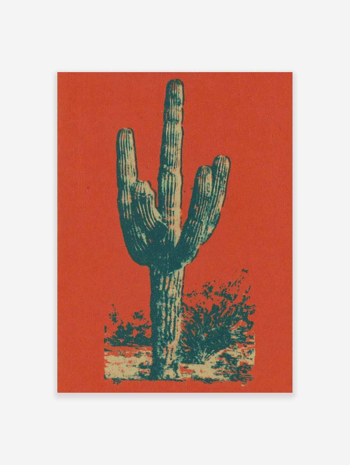 Illustrative Saguaro cactus print in dark teal and beige against a vibrant reddish-orange background, desert style