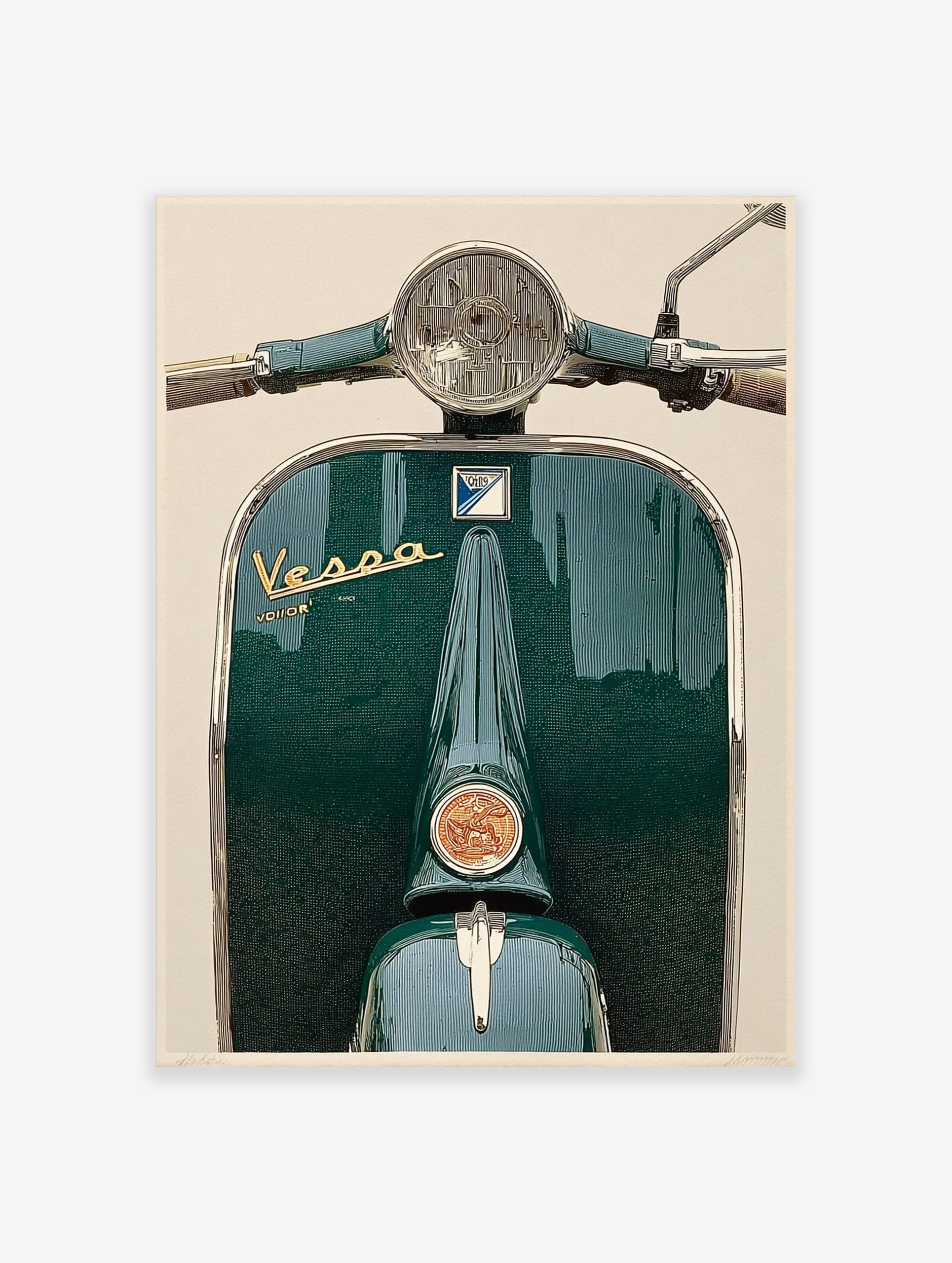 Close-up vintage green scooter print with chrome headlight, handlebars, and central emblem artwork