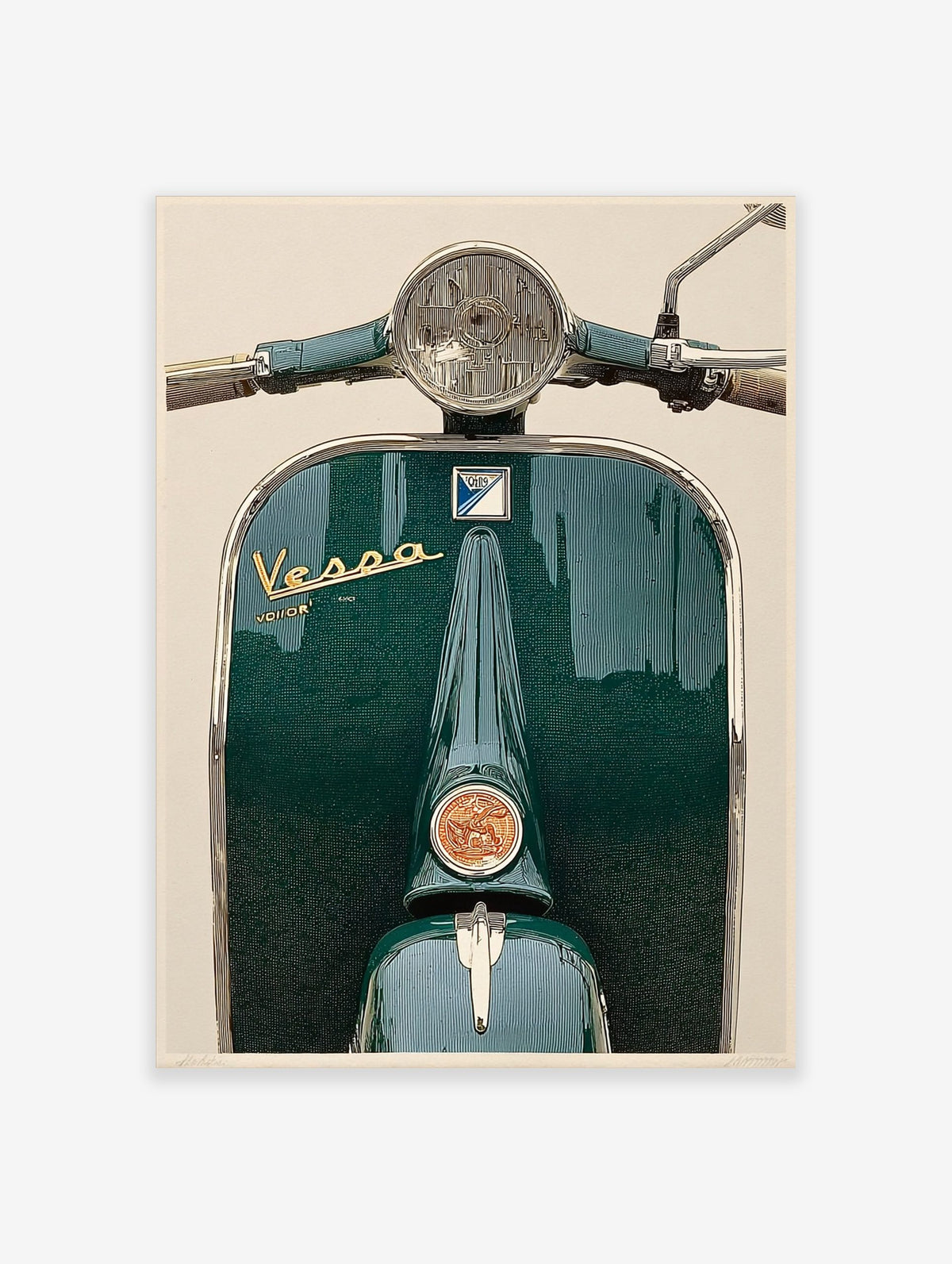 Close-up vintage green scooter print with chrome headlight, handlebars, and central emblem artwork