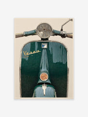 Close-up vintage green scooter print with chrome headlight, handlebars, and central emblem artwork