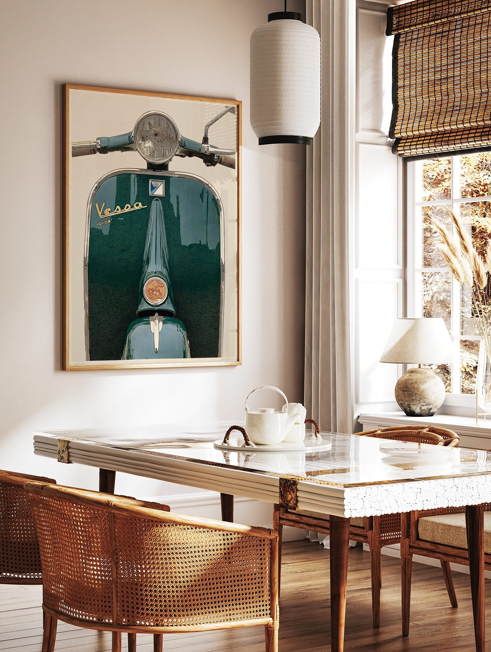 Close-up vintage green scooter print with chrome headlight, handlebars, and central emblem artwork, in a styled room mockup