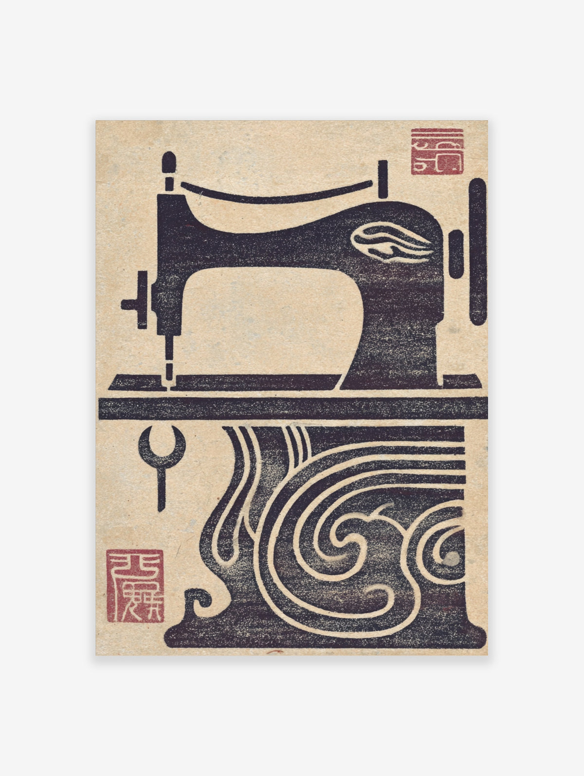 Black vintage sewing machine silhouette with swirling base and red seals on beige paper print