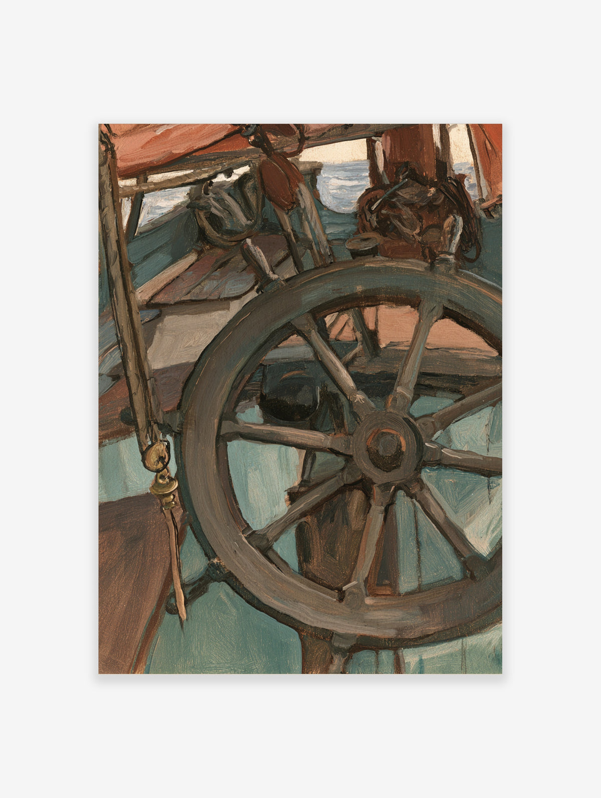 Vintage ship's wheel poster with wooden helm on boat deck, teal and brown tones