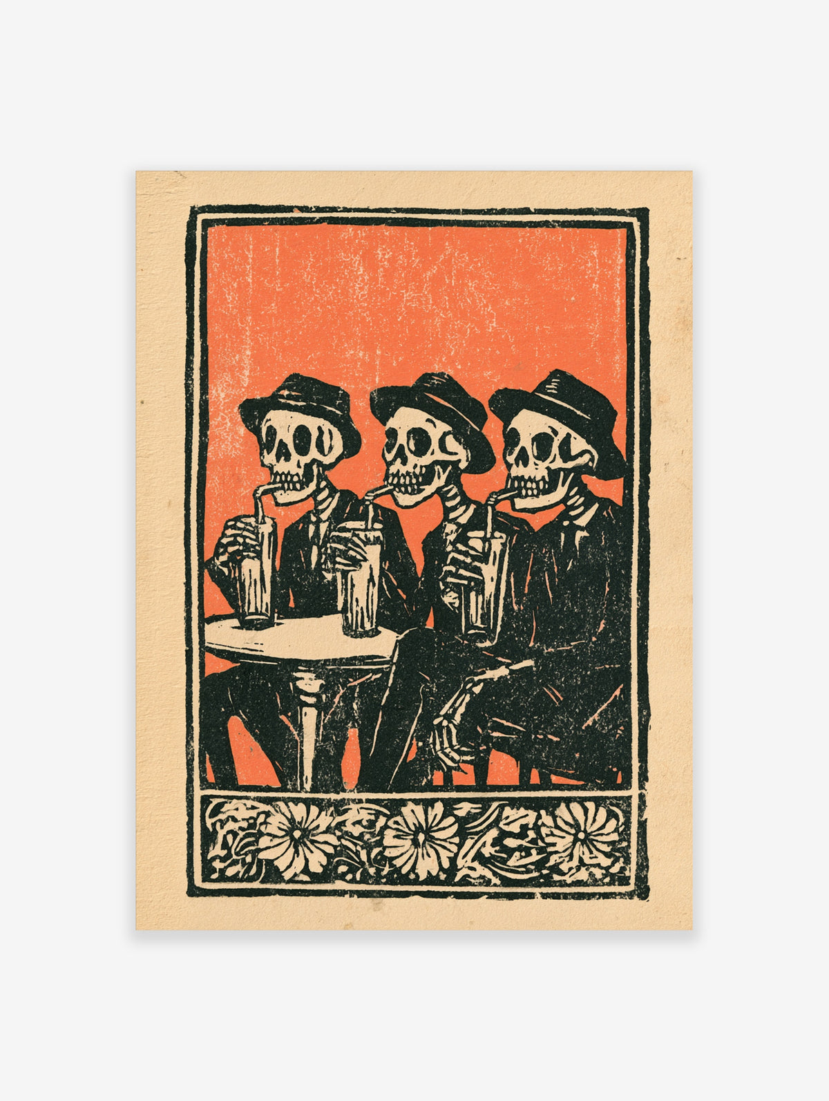 Vintage skeleton poster of three fedora-wearing skeletons drinking from tall glasses at a round table on orange background