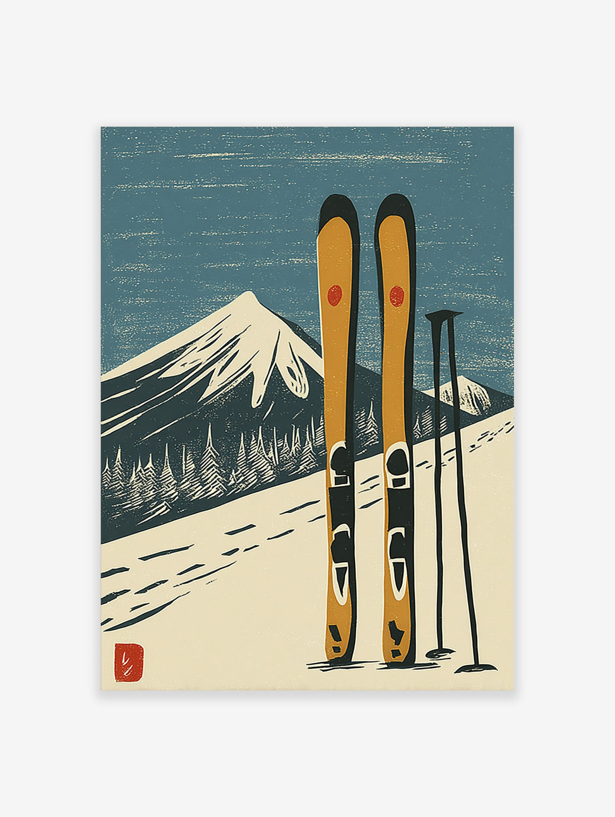 Vintage ski poster with snow-capped mountain, pine trees, and yellow skis