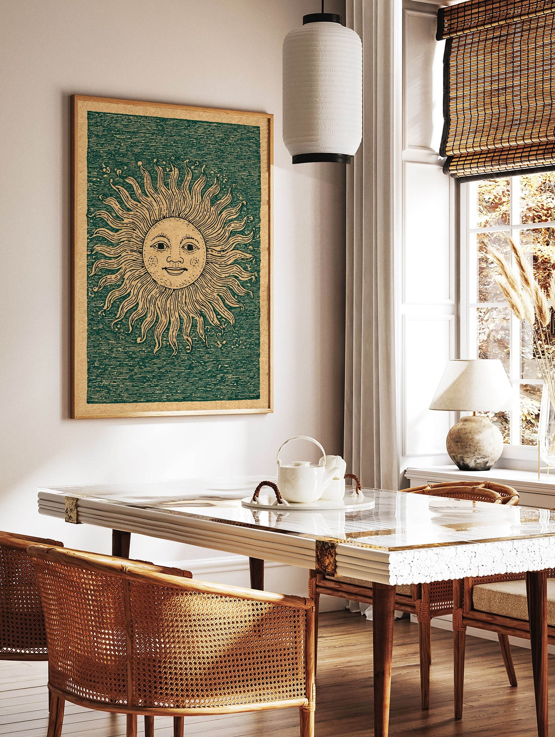 Vintage sun wall art illustration with a smiling face and radiating rays on a dark green textured background with a brown border. - Image 2