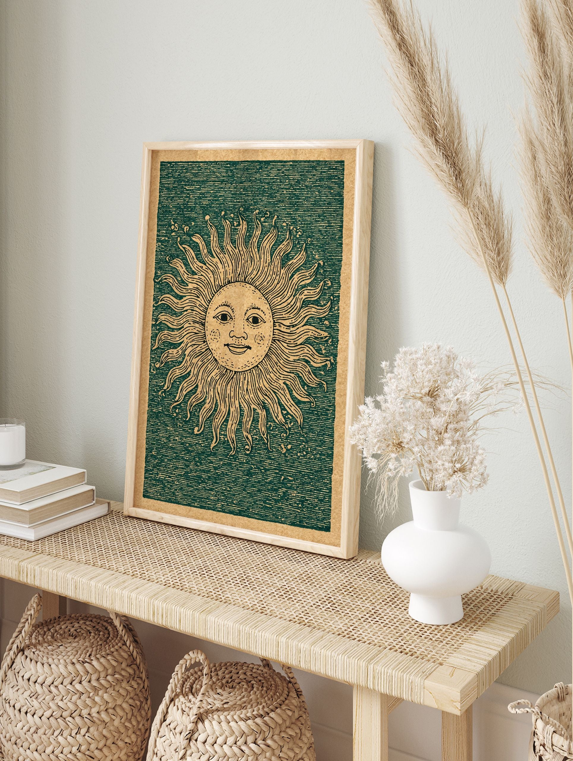 Vintage sun wall art illustration with a smiling face and radiating rays on a dark green textured background with a brown border. - Image 3