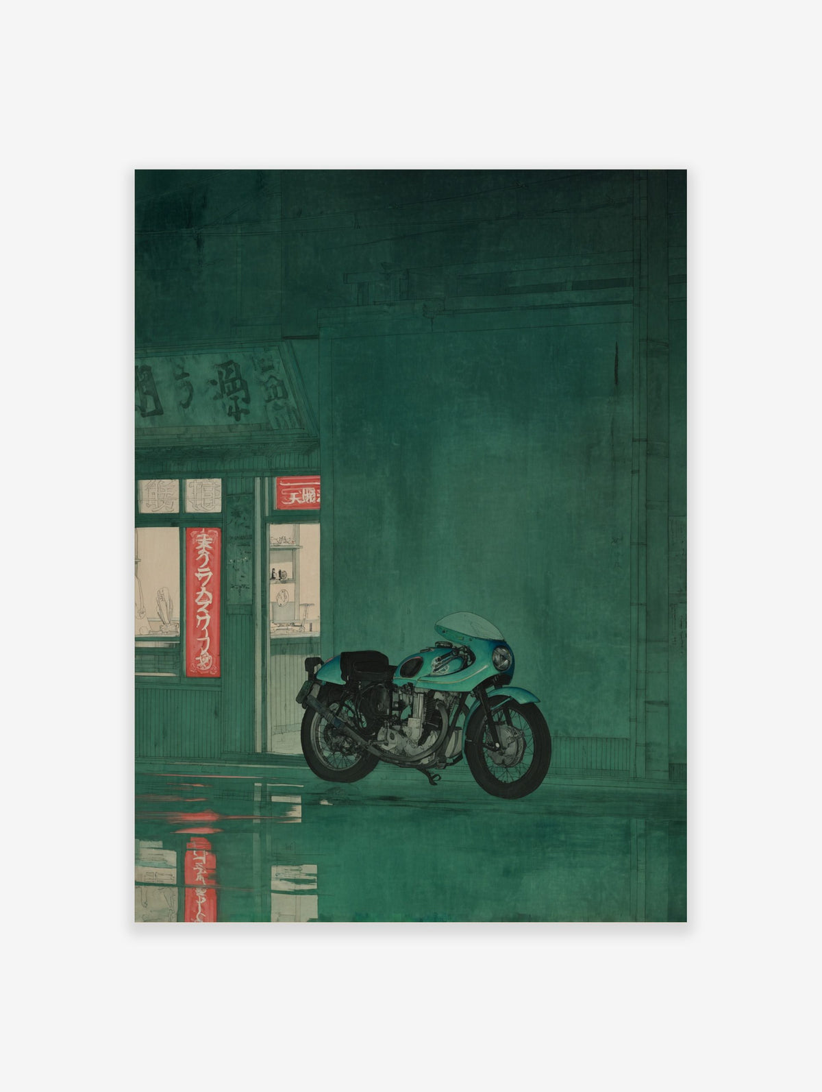 Vintage teal motorcycle parked on a wet street outside a Japanese shop with red neon signs at night